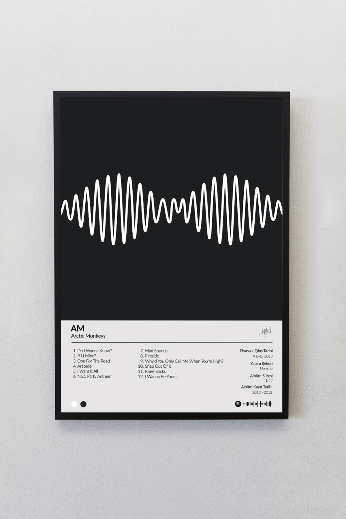 Arctic Monkeys A.M Albümü Siyah Çerçeveli Spotify Barkodlu  Albüm Poster Tablo