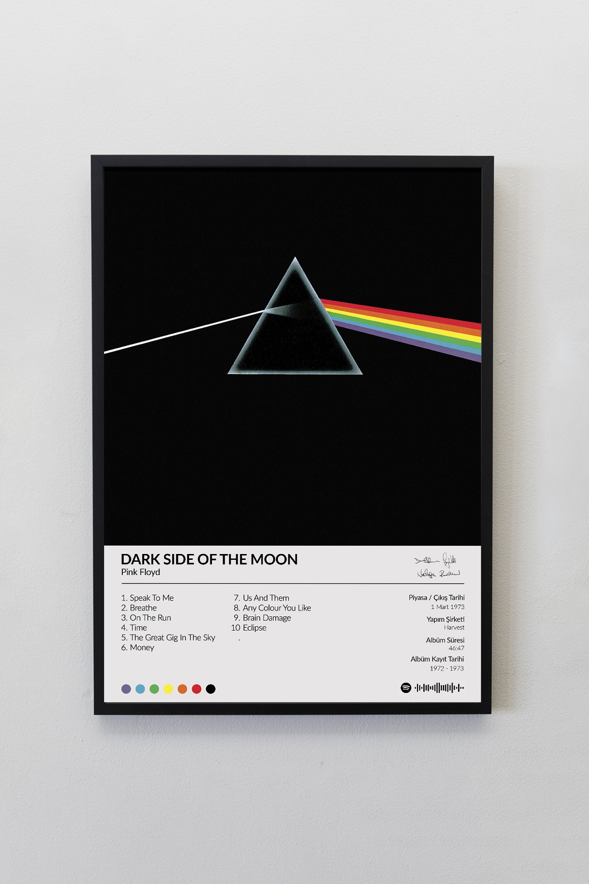 Pink Floyd Dark Side of the Moon Albümü Siyah Çerçeveli Spotify Barkodlu  Albüm Tablo