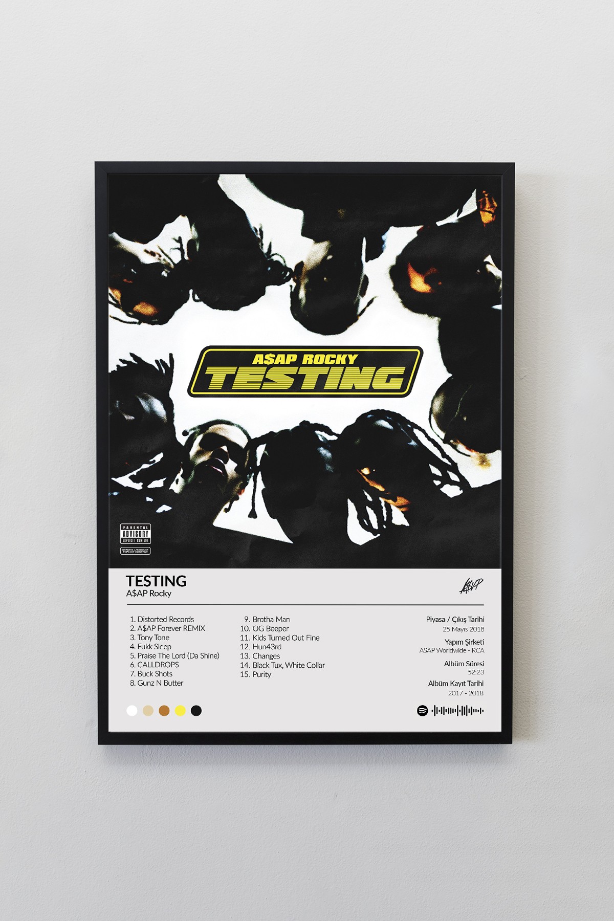 Asap Rocky Testing Albümü Siyah Çerçeveli Spotify Barkodlu  Albüm Poster Tablo