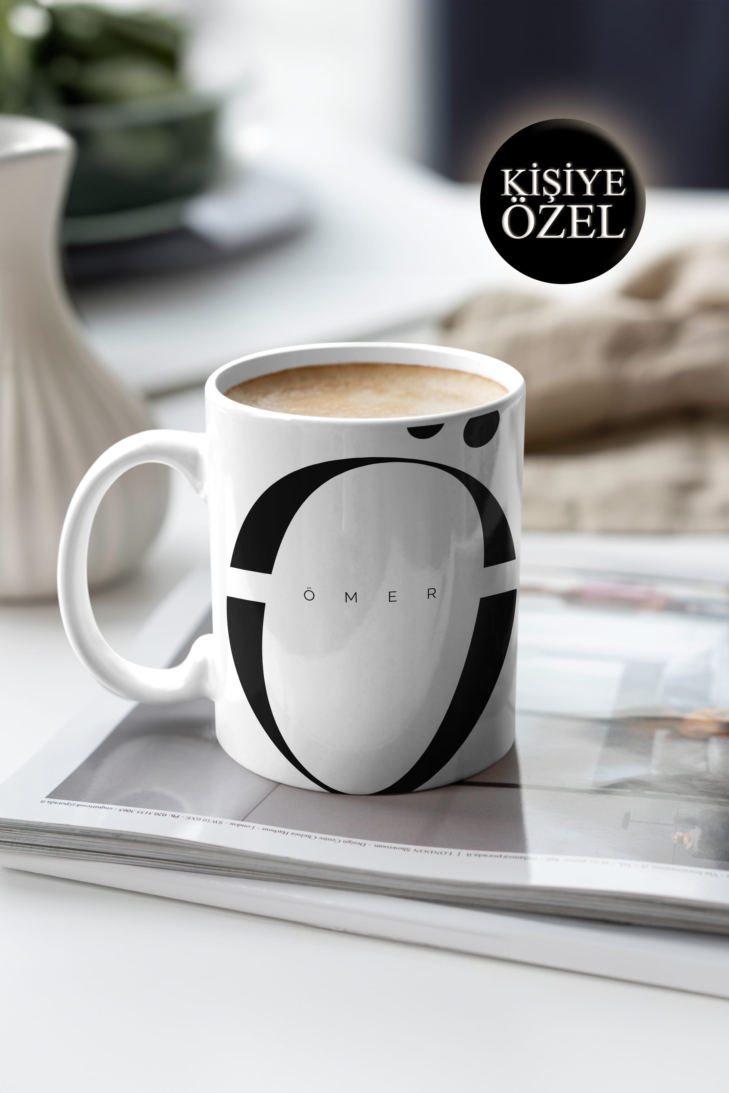 Kişiye Özel Ö Harfi ve İsim Yazılı Siyah Renkli Tasarım Kupa Bardak 300 ml