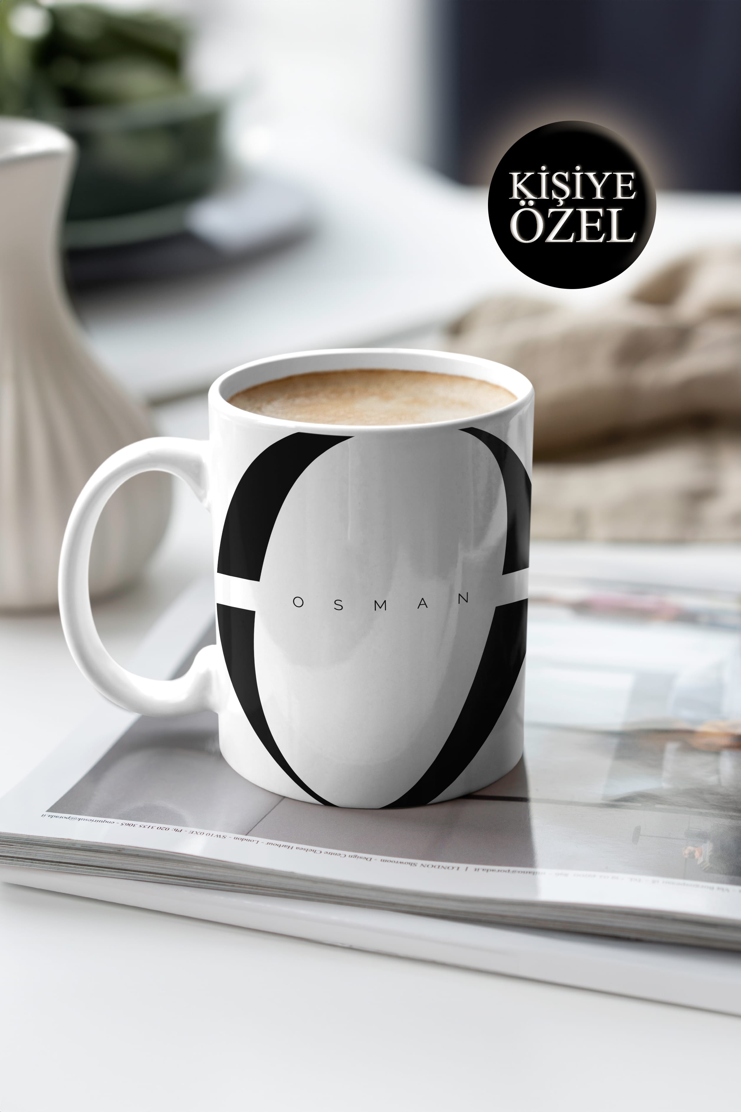 Kişiye Özel O Harfi ve İsim Yazılı Siyah Renkli Tasarım Kupa Bardak 300 ml