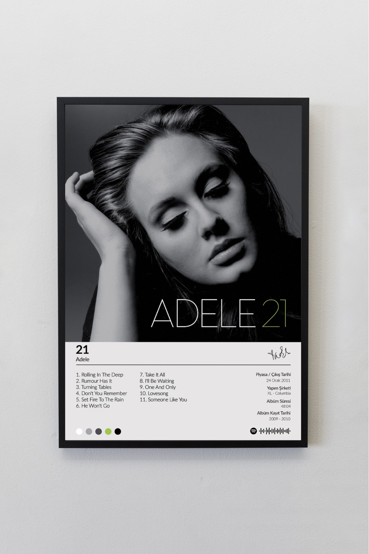 Adele 21 Albümü Siyah Çerçeveli Spotify Barkodlu  Albüm Poster Tablo