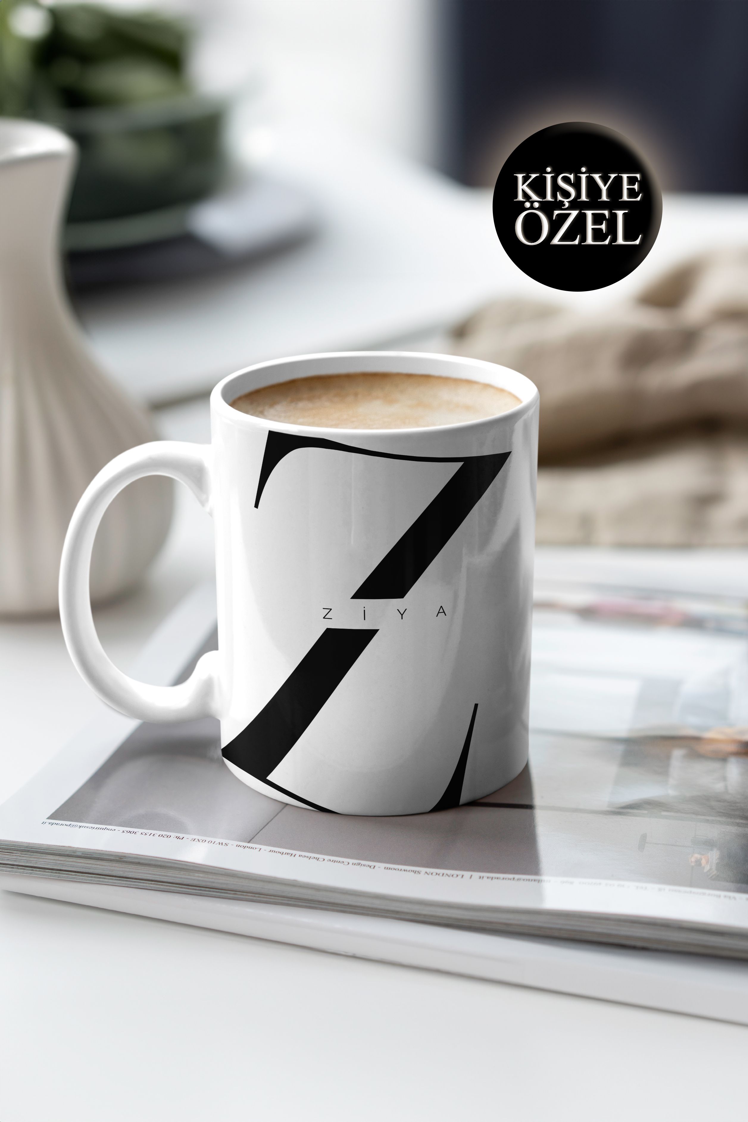 Kişiye Özel Z Harfi ve İsim Yazılı Siyah Renkli Tasarım Kupa Bardak 300 ml
