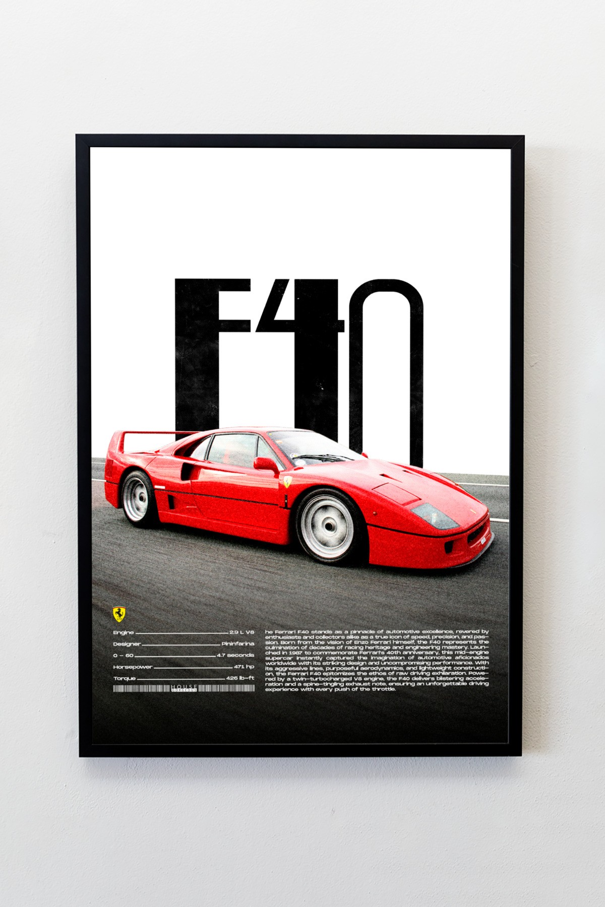 Ferrari F40 Tasarımlı Çerçeveli Tablo | İkonik Otomobiller Koleksiyonu