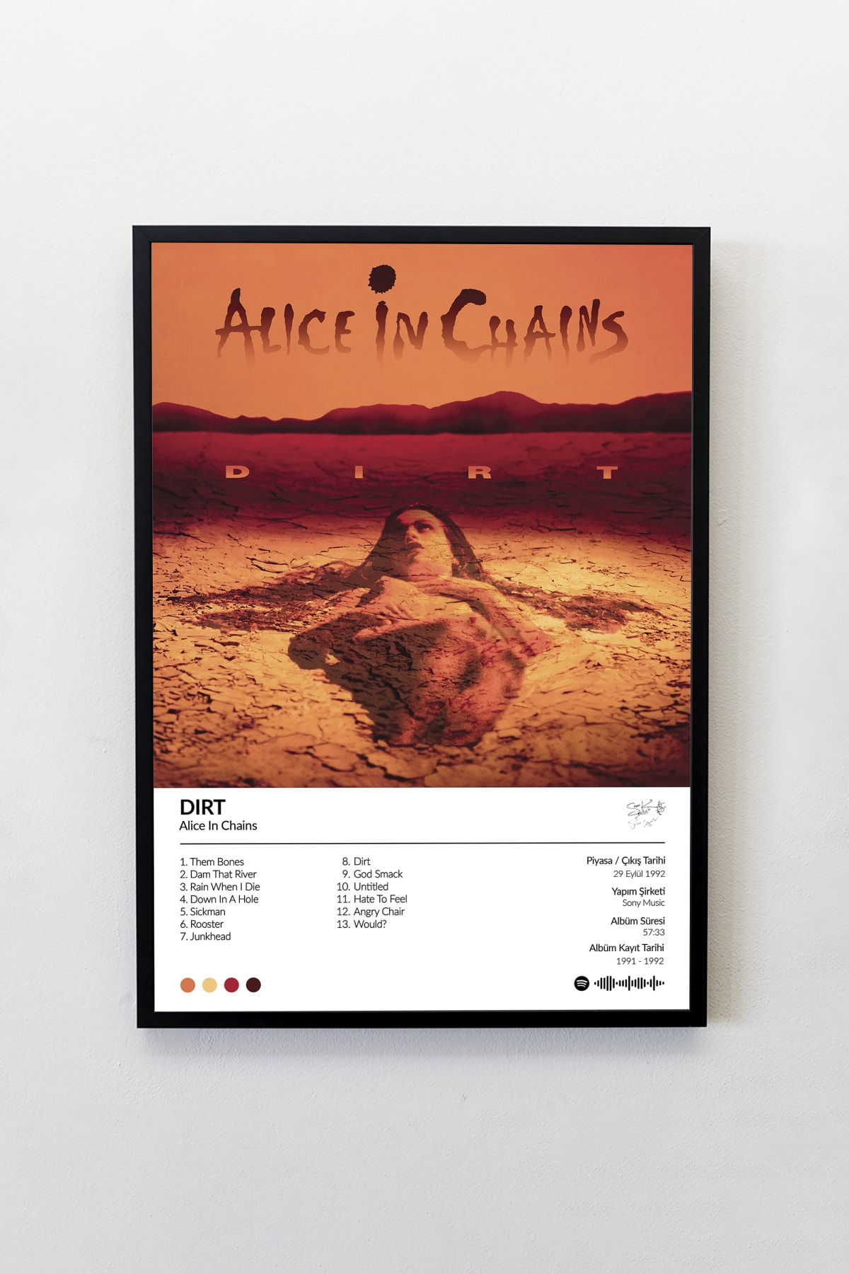 Alice In Chains Dirt Albümü Çerçevesiz Albüm Tasarımlı Spotify Poster