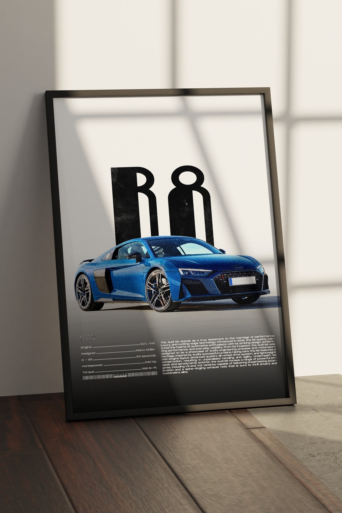 Audi R8 Tasarımlı Çerçevesiz Poster | İkonik Otomobiller Koleksiyonu