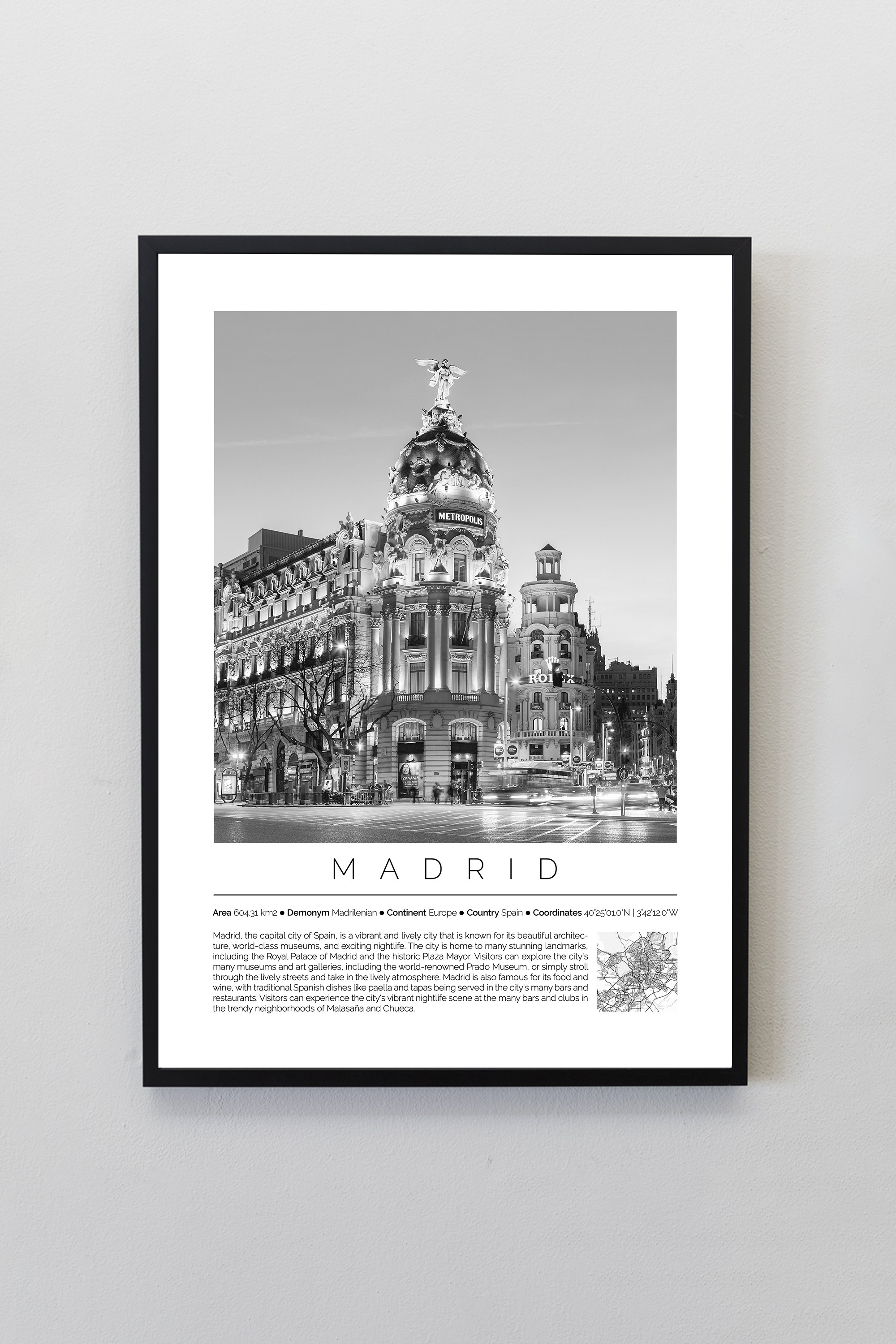Madrid İspanya Dünya Şehirleri Koleksiyonu Çerçeveli Monochrome Tasarım Tablo