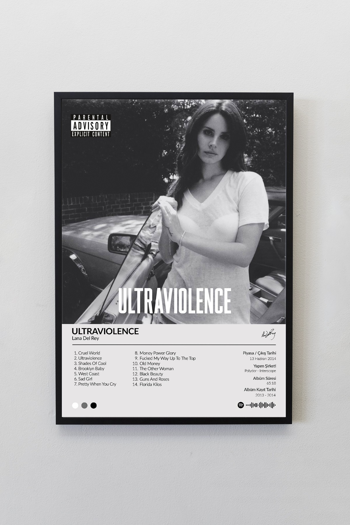 Lana Del Rey Ultraviolence Albümü Siyah Çerçeveli Spotify Barkodlu  Albüm Poster Tablo