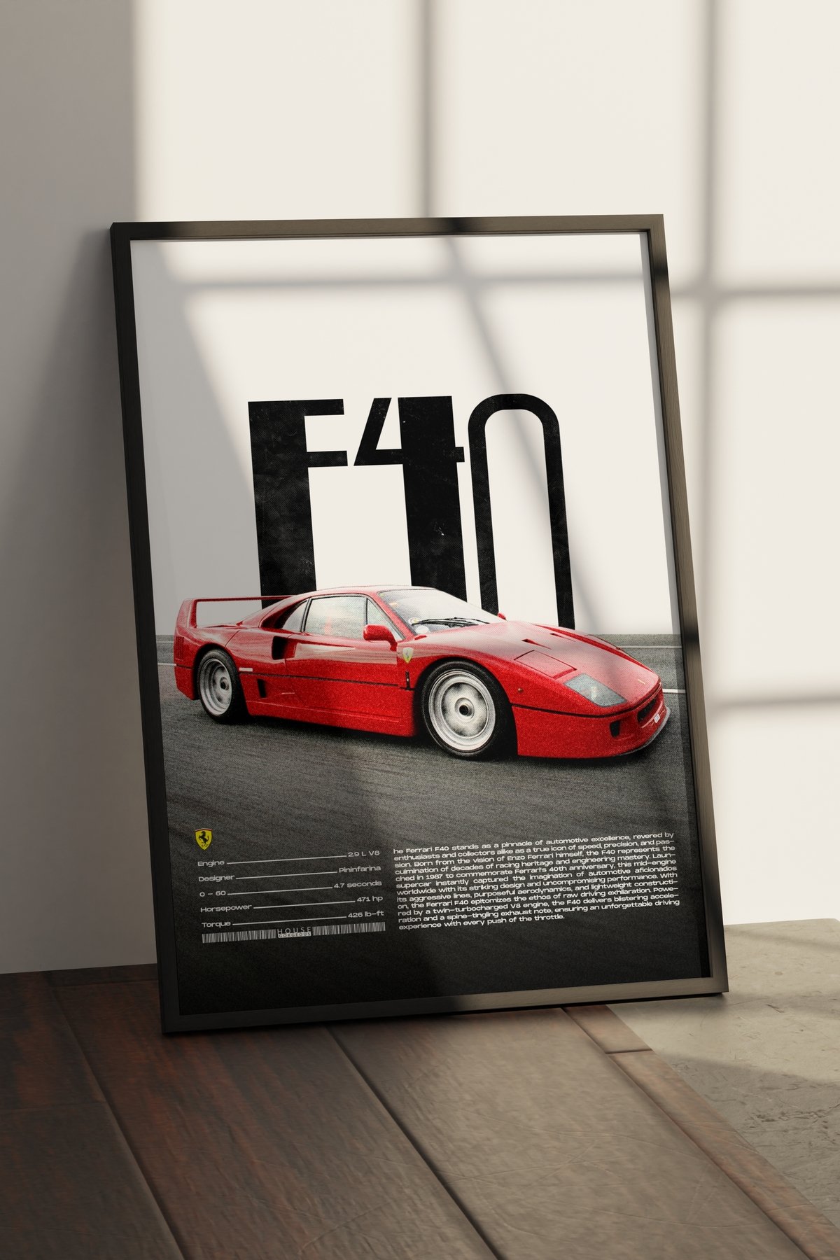 Ferrari F40 Tasarımlı Çerçevesiz Poster | İkonik Otomobiller Koleksiyonu