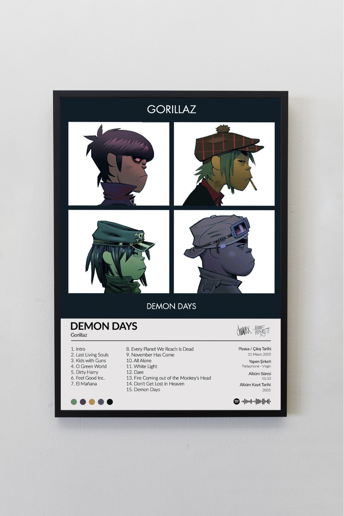 Gorillaz Demon Days Çerçevesiz Spotify Barkodlu Albüm Poster