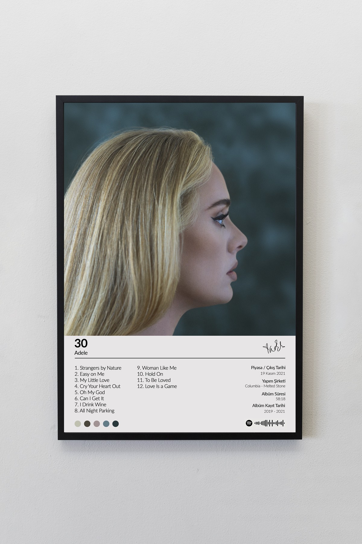 Adele 30 Albümü Siyah Çerçeveli Spotify Barkodlu  Albüm Poster Tablo