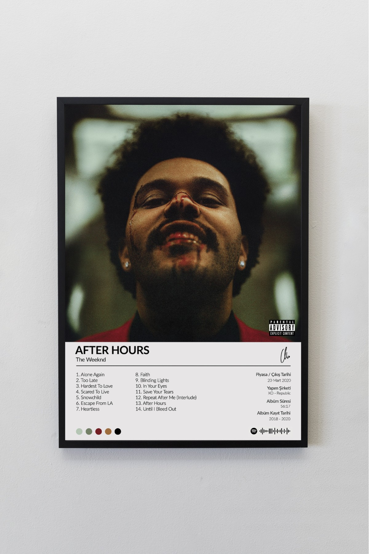 The Weeknd After Hours Albümü Siyah Çerçeveli Spotify Barkodlu  Albüm Poster Tablo