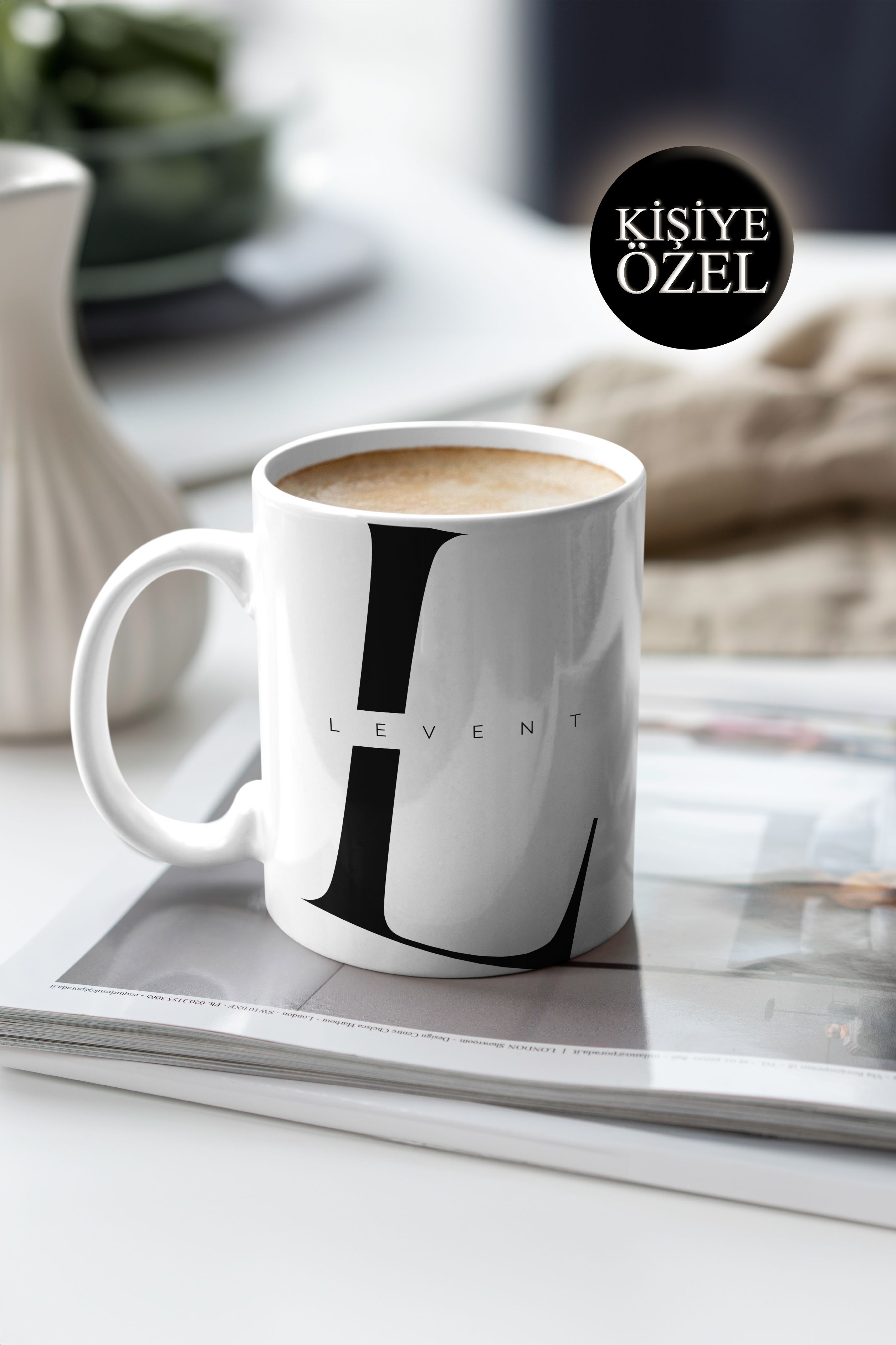Kişiye Özel L Harfi ve İsim Yazılı Siyah Renkli Tasarım Kupa Bardak 300 ml
