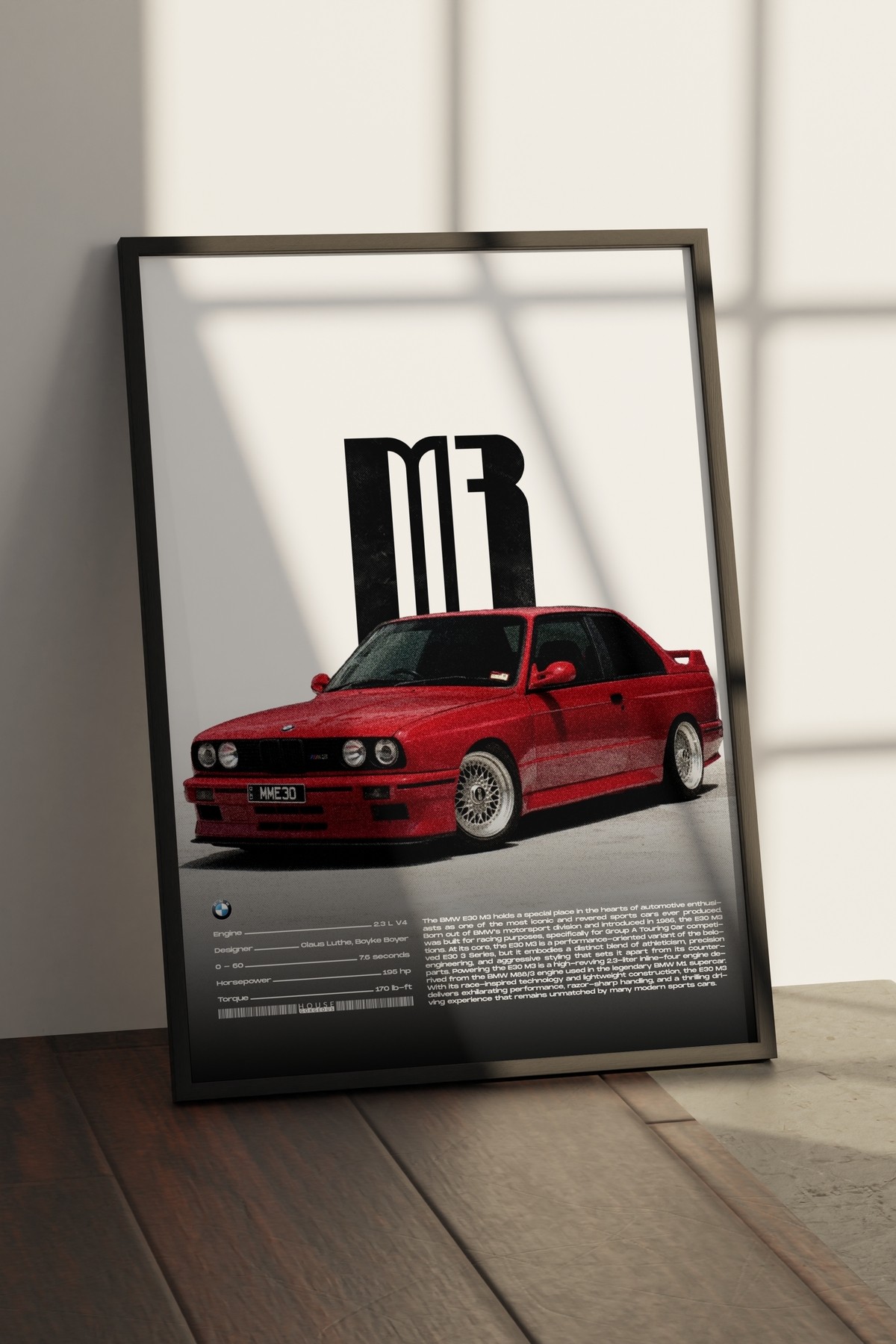 Bmw E30 M3 Tasarımlı Çerçevesiz Poster | İkonik Otomobiller Koleksiyonu