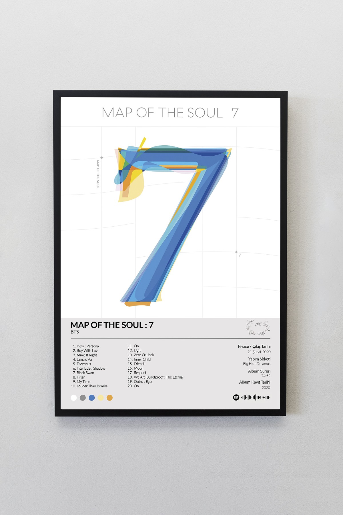 BTS Map Of The Soul 7 Albümü Siyah Çerçeveli Spotify Barkodlu  Albüm Poster Tablo
