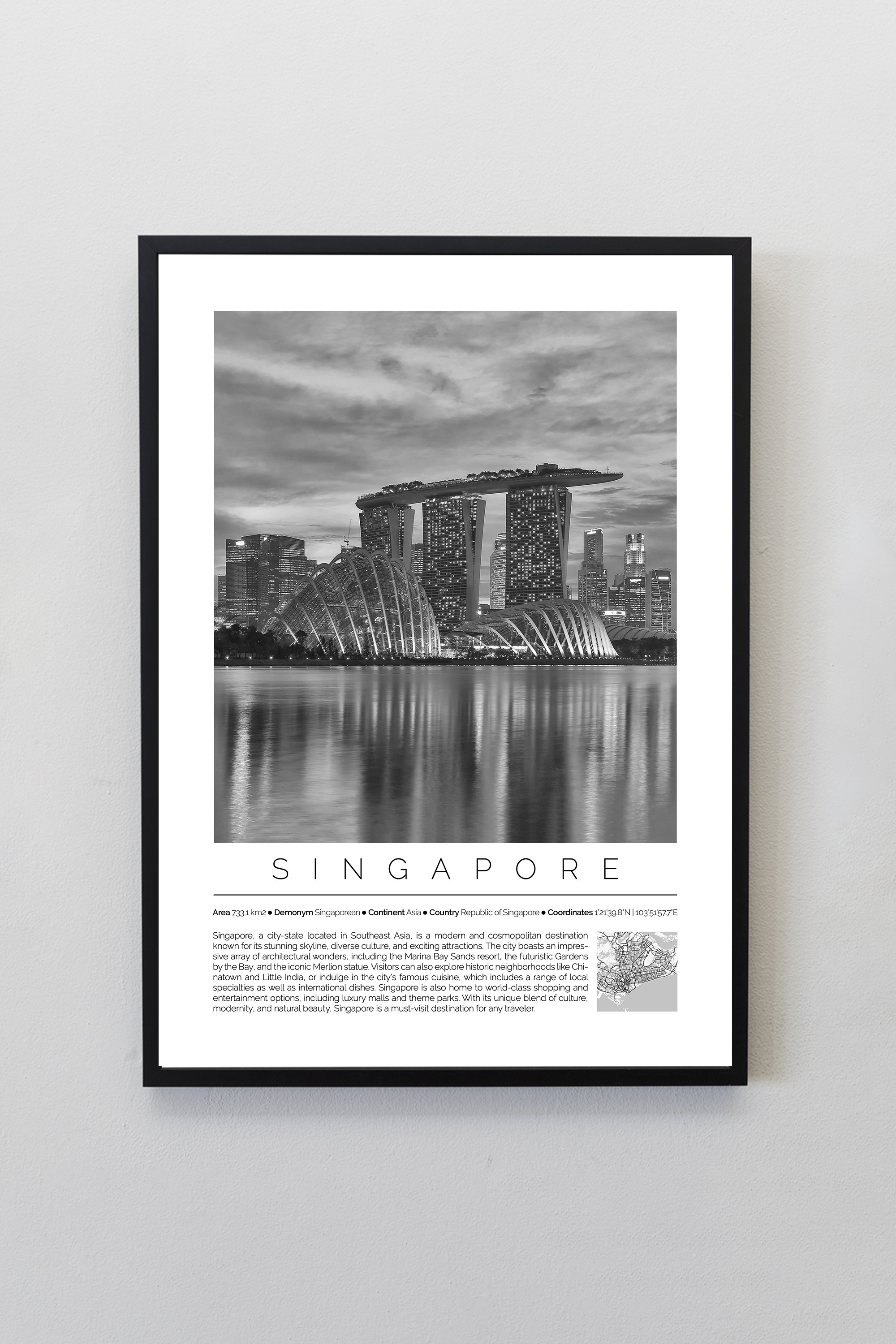 Singapur Dünya Şehirleri Koleksiyonu Çerçeveli Monochrome Tasarım Tablo