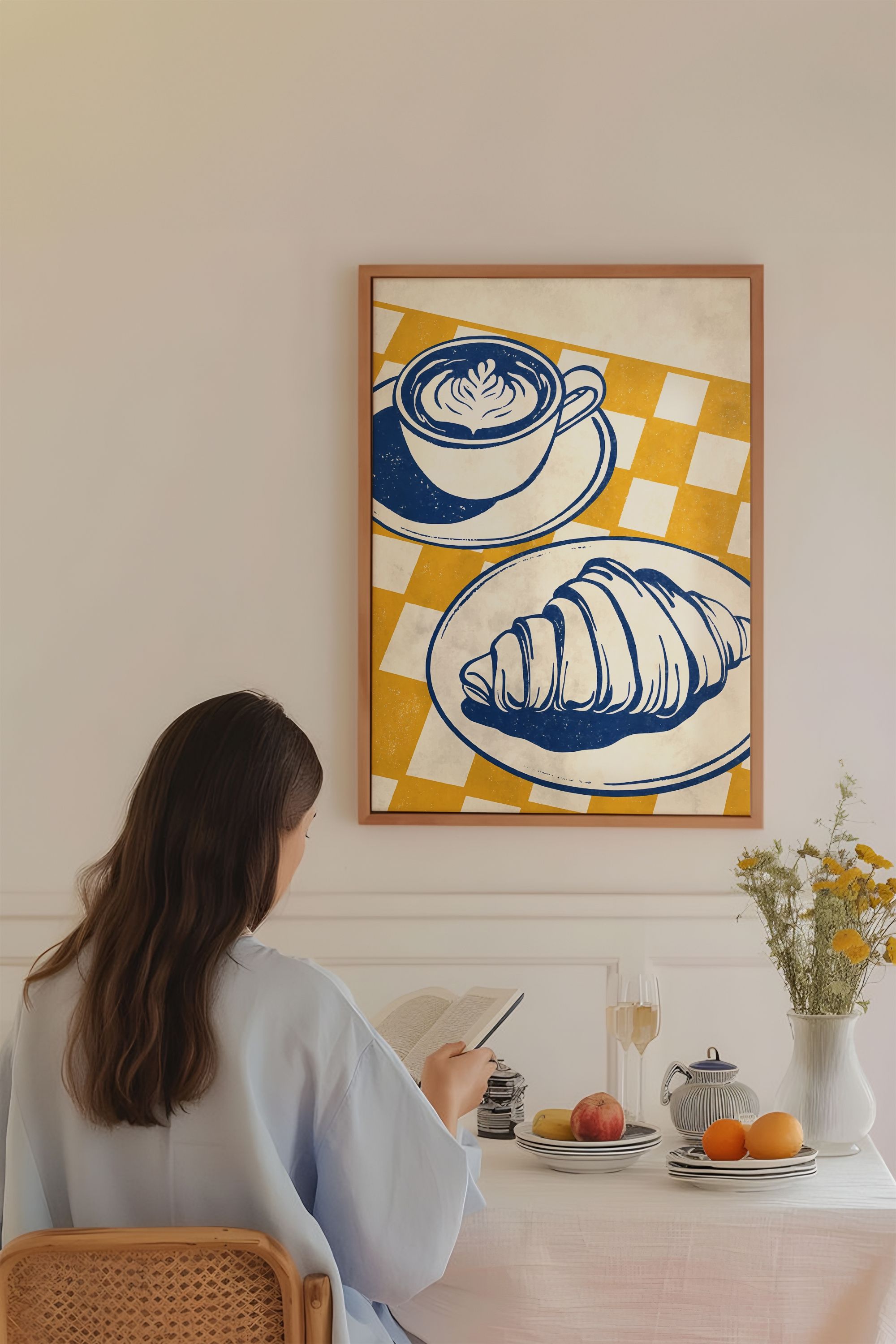 Kruvasan ve Kahve No:3 Sanatsal Çerçevesiz Tasarım Poster Dolce Vita Koleksiyonu
