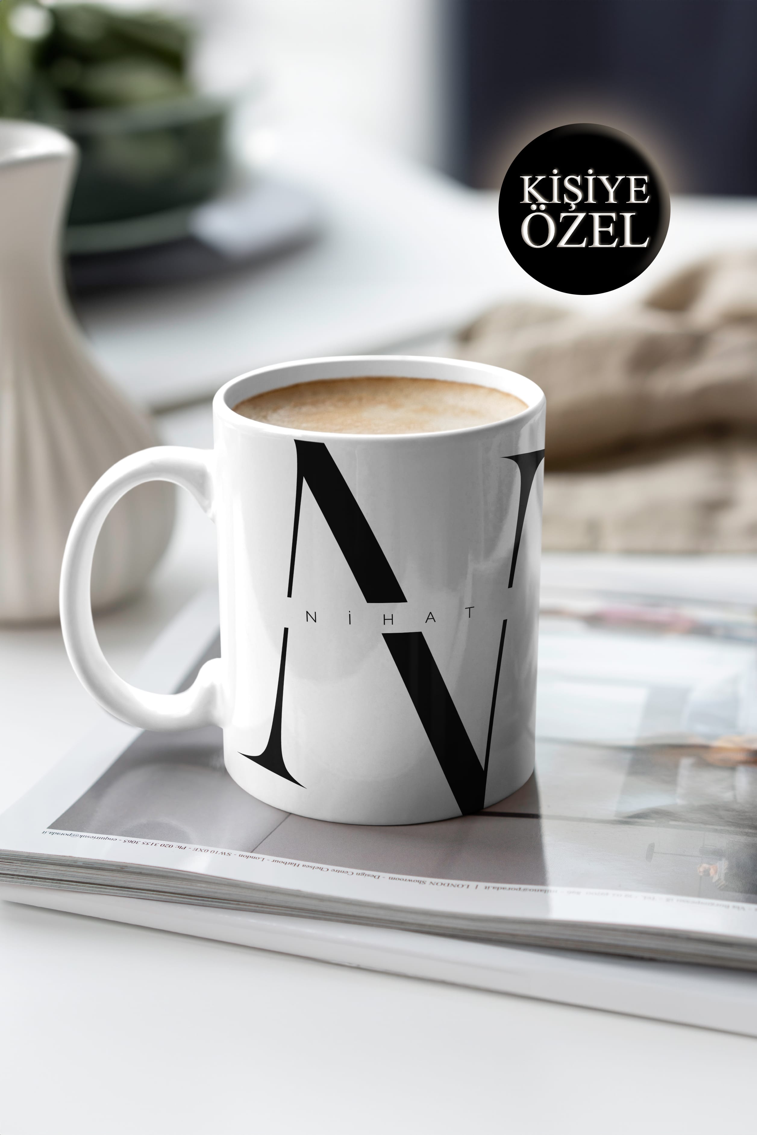 Kişiye Özel N Harfi ve İsim Yazılı Siyah Renkli Tasarım Kupa Bardak 300 ml