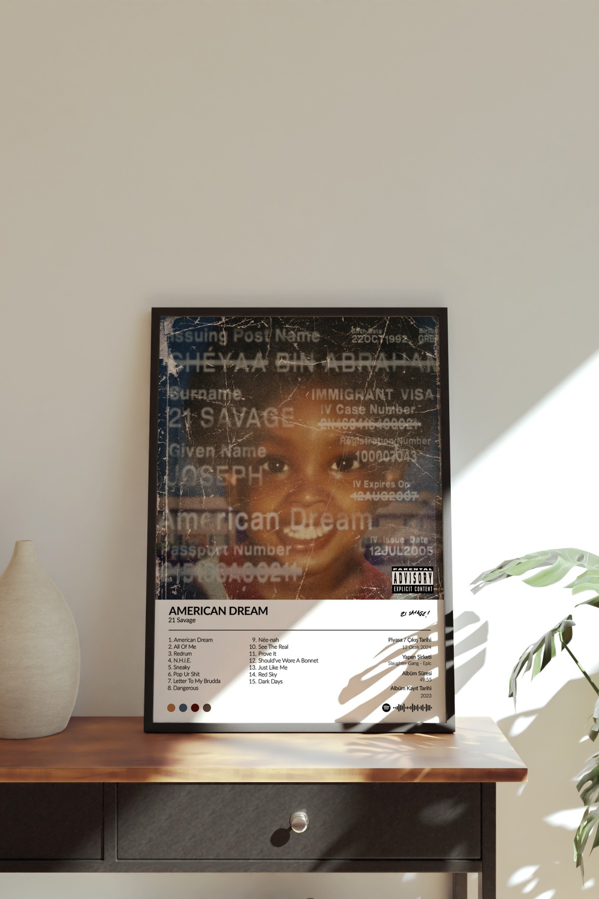 21 Savage American Dream Albümü Çerçevesiz Albüm Tasarımlı Spotify Poster