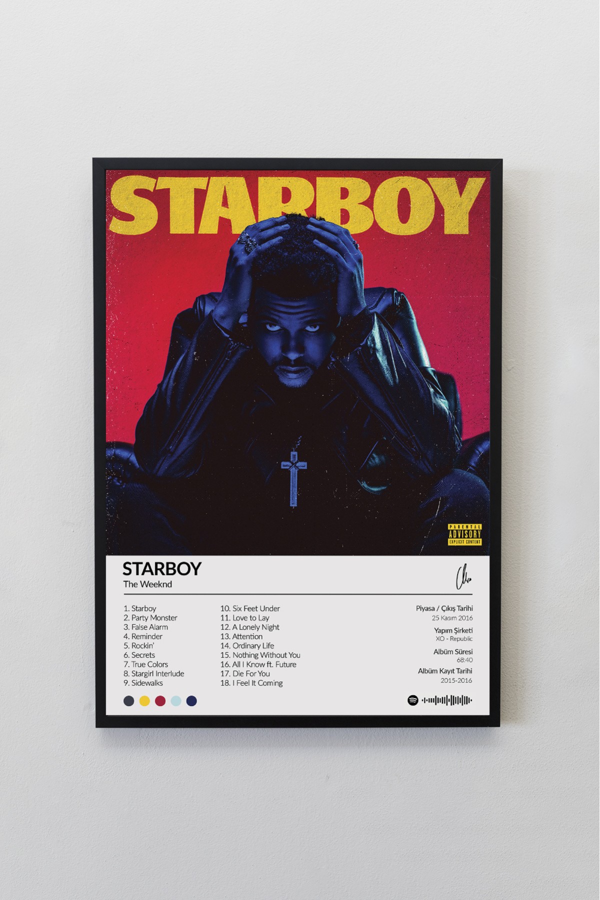 The Weeknd Starboy Albümü Siyah Çerçeveli Spotify Barkodlu  Albüm Poster Tablo