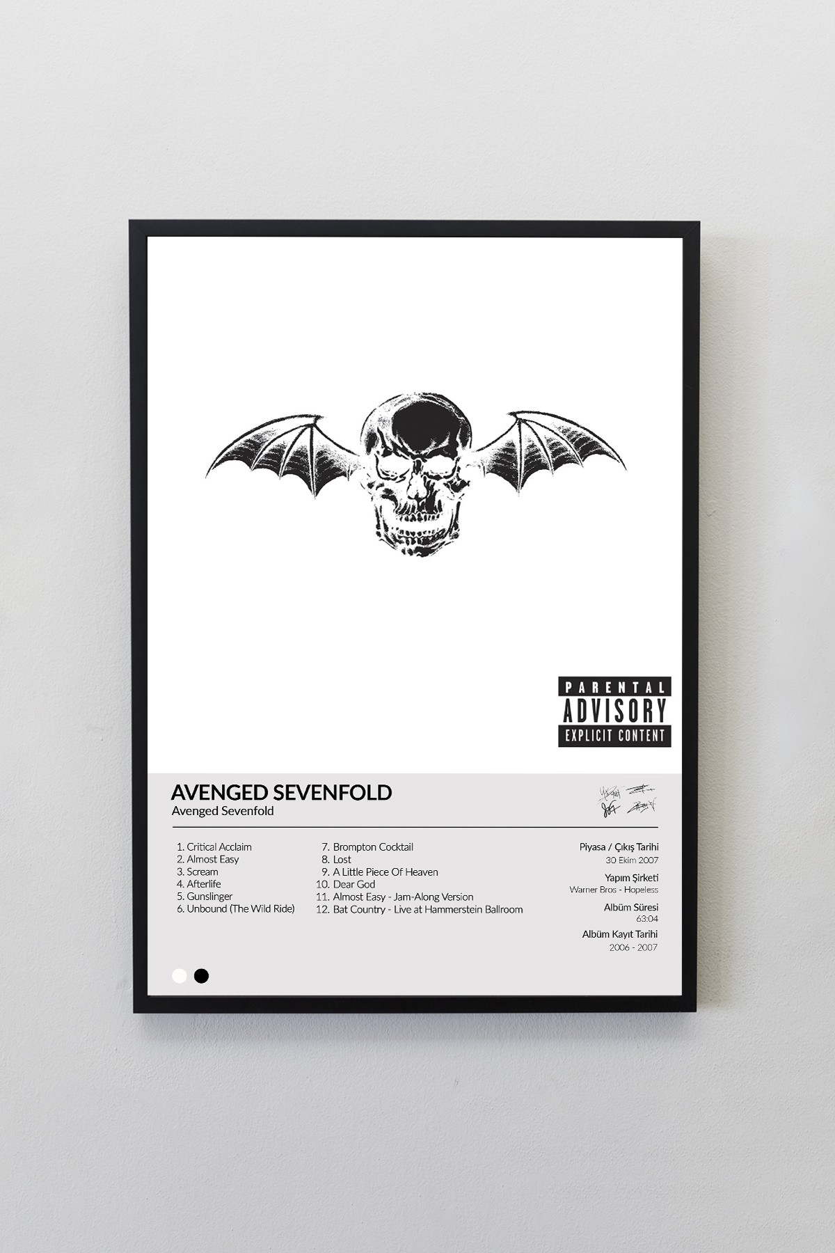 Avenged Sevenfold Albümü Siyah Çerçeveli Spotify Barkodlu  Albüm Poster Tablo