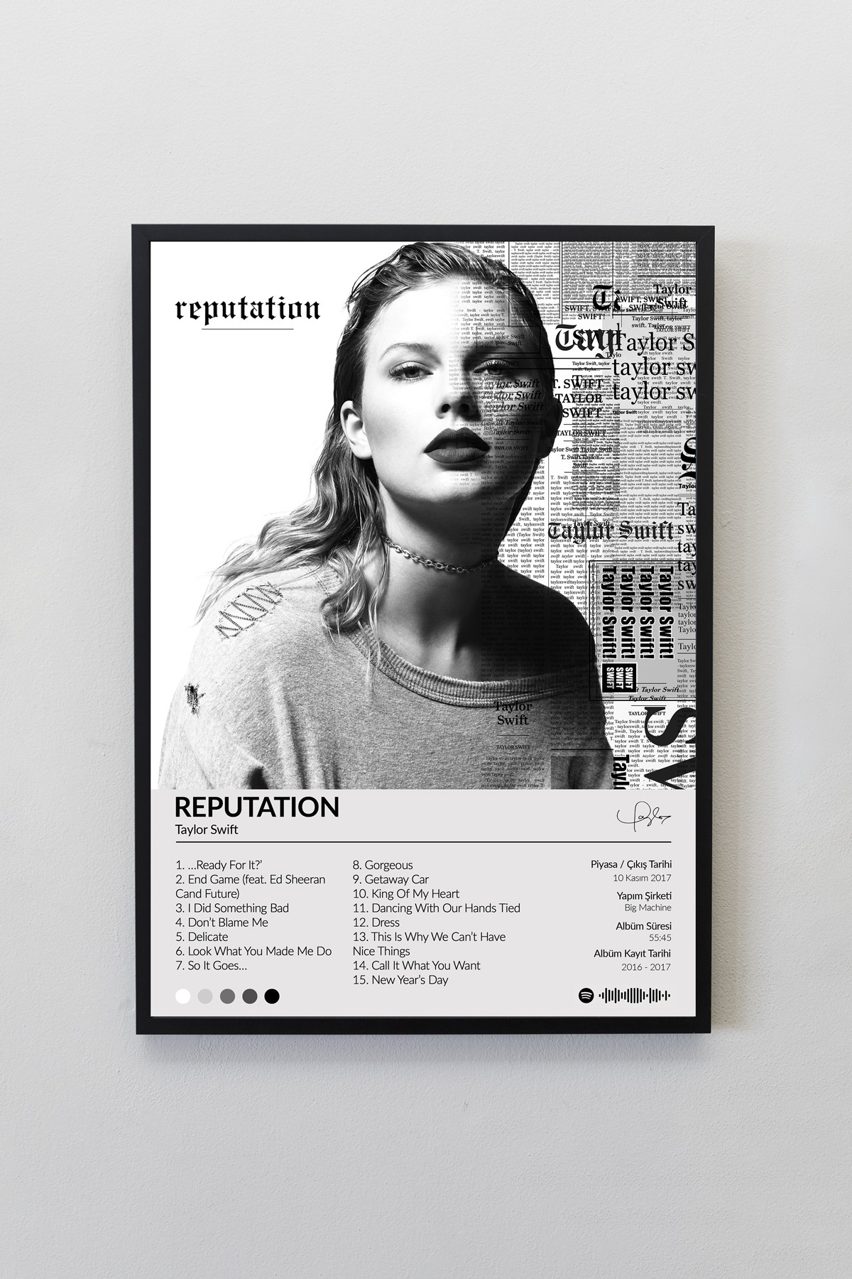 Taylor Swift Reputation Albümü Siyah Çerçeveli Spotify Barkodlu  Albüm Poster Tablo
