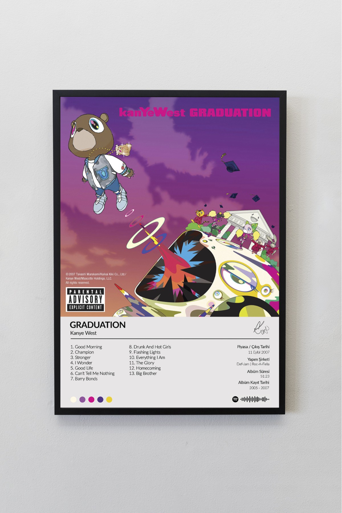 Kanye West Graduation Albümü Siyah Çerçeveli Spotify Barkodlu  Albüm Poster Tablo