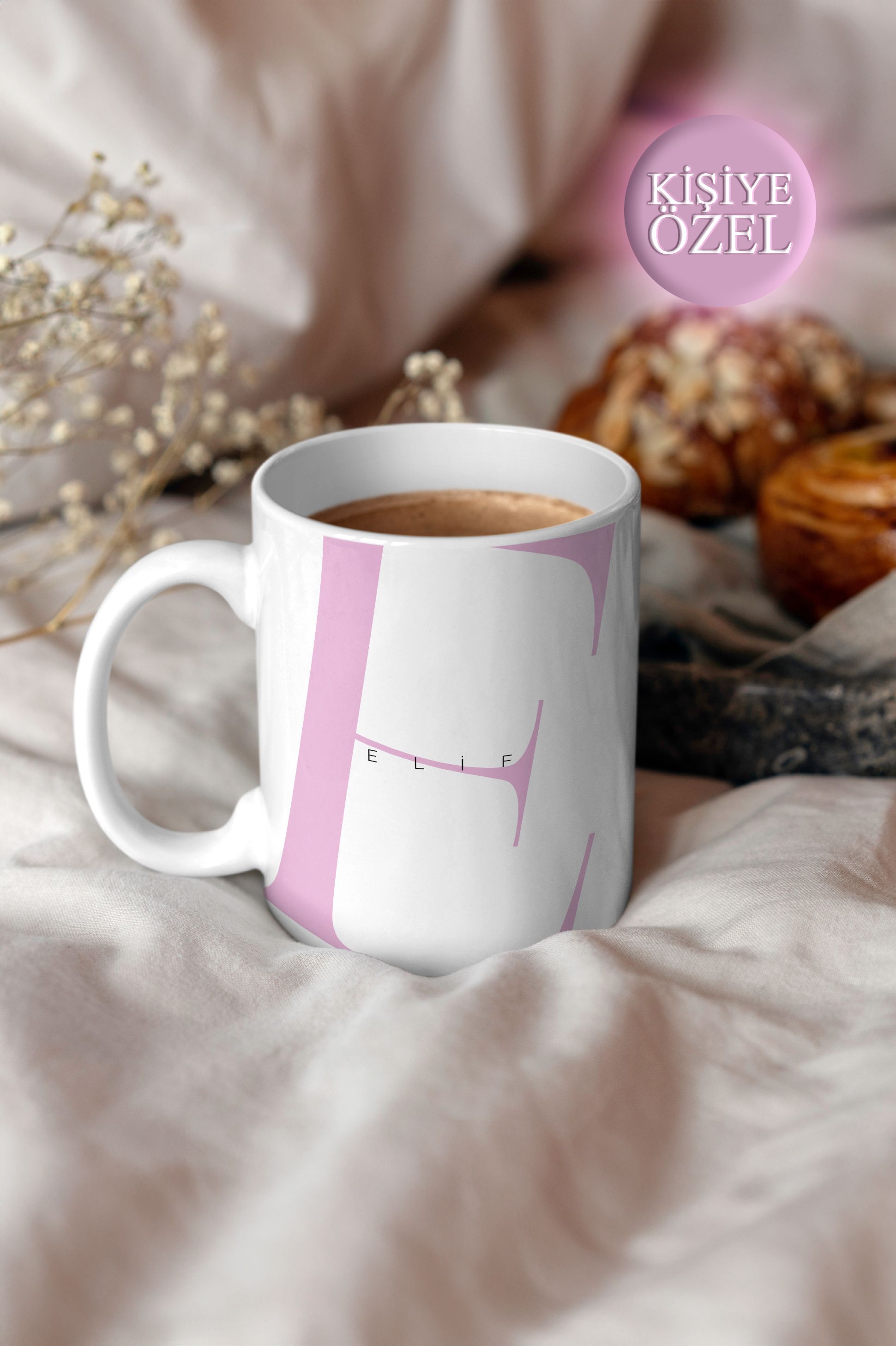 Kişiye Özel E Harfi ve İsim Yazılı Soft Lila Renkli Tasarım Kupa Bardak 300 ml