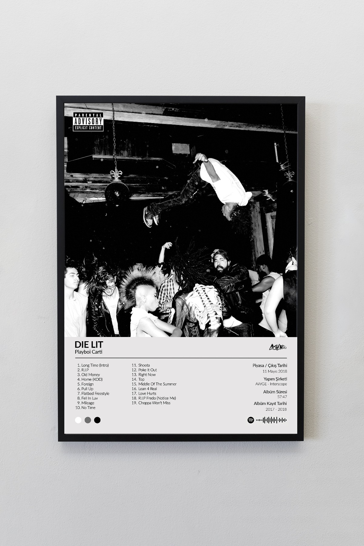 Playboi Carti Die Lit Albümü Siyah Çerçeveli Spotify Barkodlu  Albüm Poster Tablo