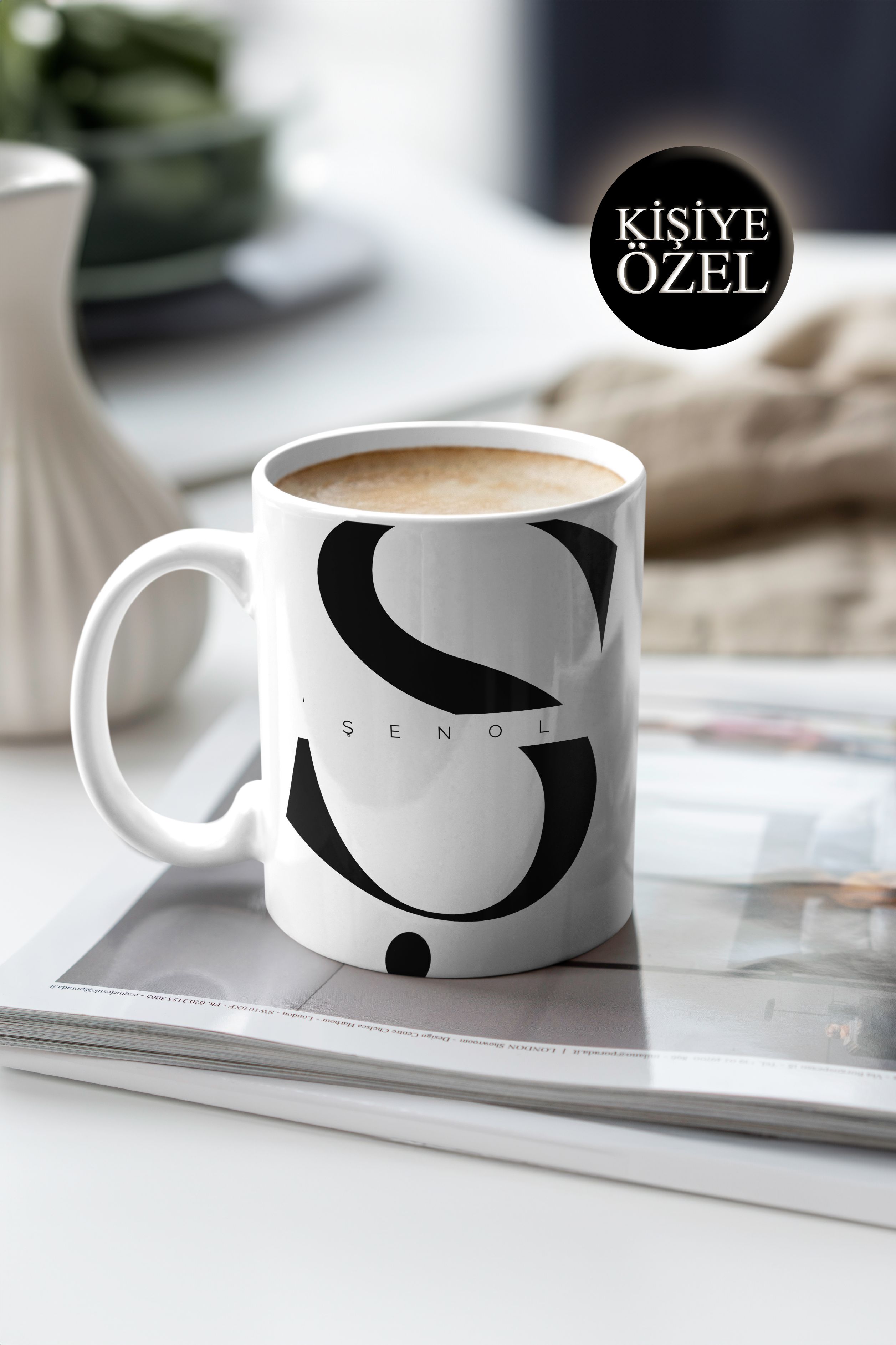 Kişiye Özel Ş Harfi ve İsim Yazılı Siyah Renkli Tasarım Kupa Bardak 300 ml