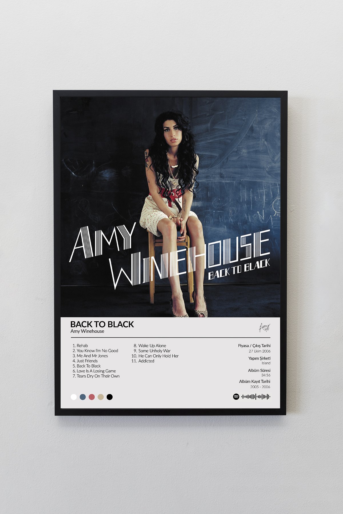 Amy Winehouse Back to Black Albümü Siyah Çerçeveli Spotify Barkodlu  Albüm Tablo