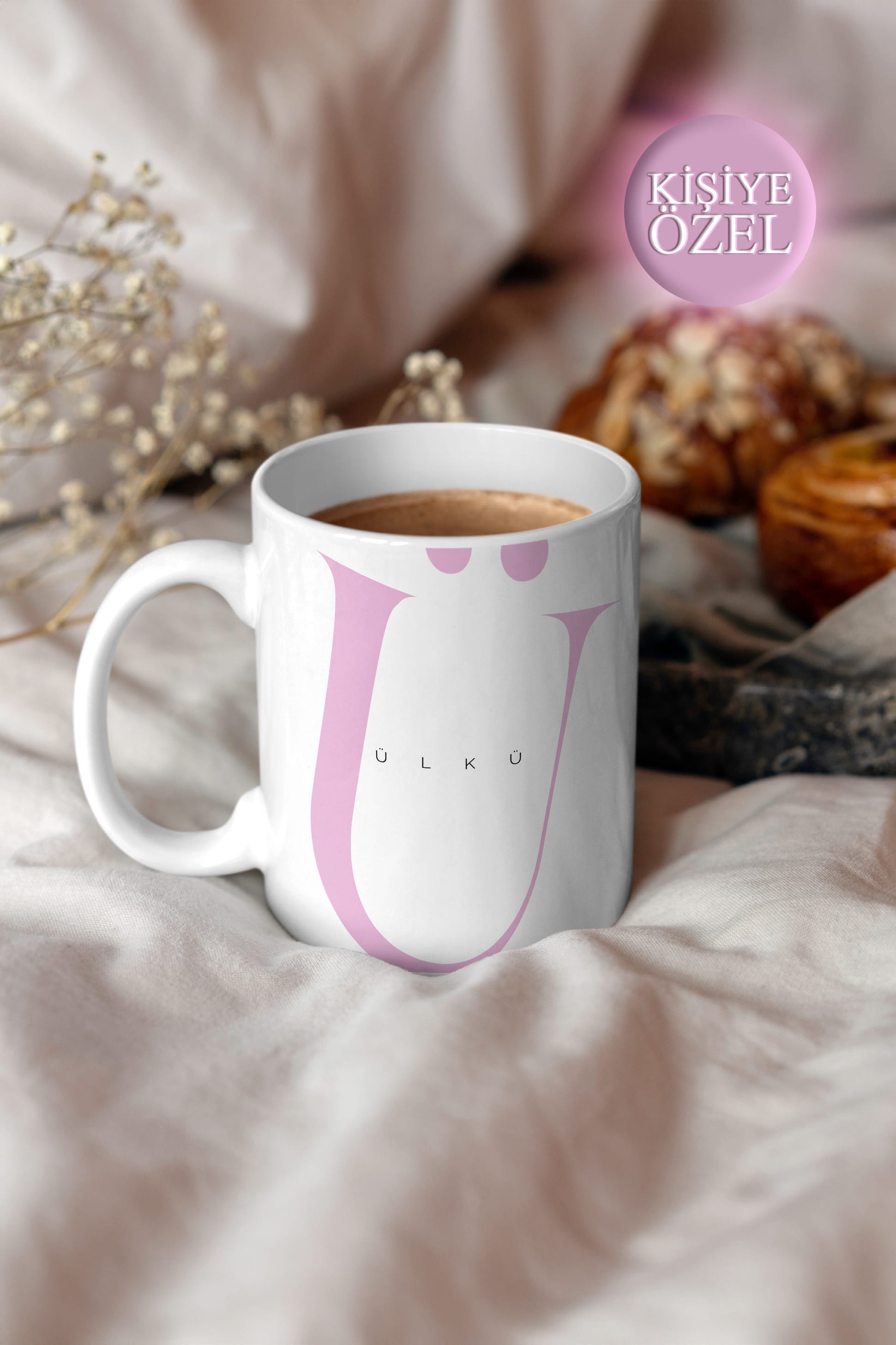 Kişiye Özel Ü Harfi ve İsim Yazılı Soft Lila Renkli Tasarım Kupa Bardak 300 ml
