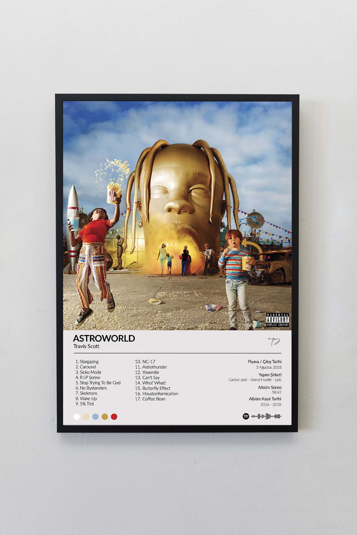 Travis Scott Astroworld Albümü Siyah Çerçeveli Spotify Barkodlu  Albüm Poster Tablo