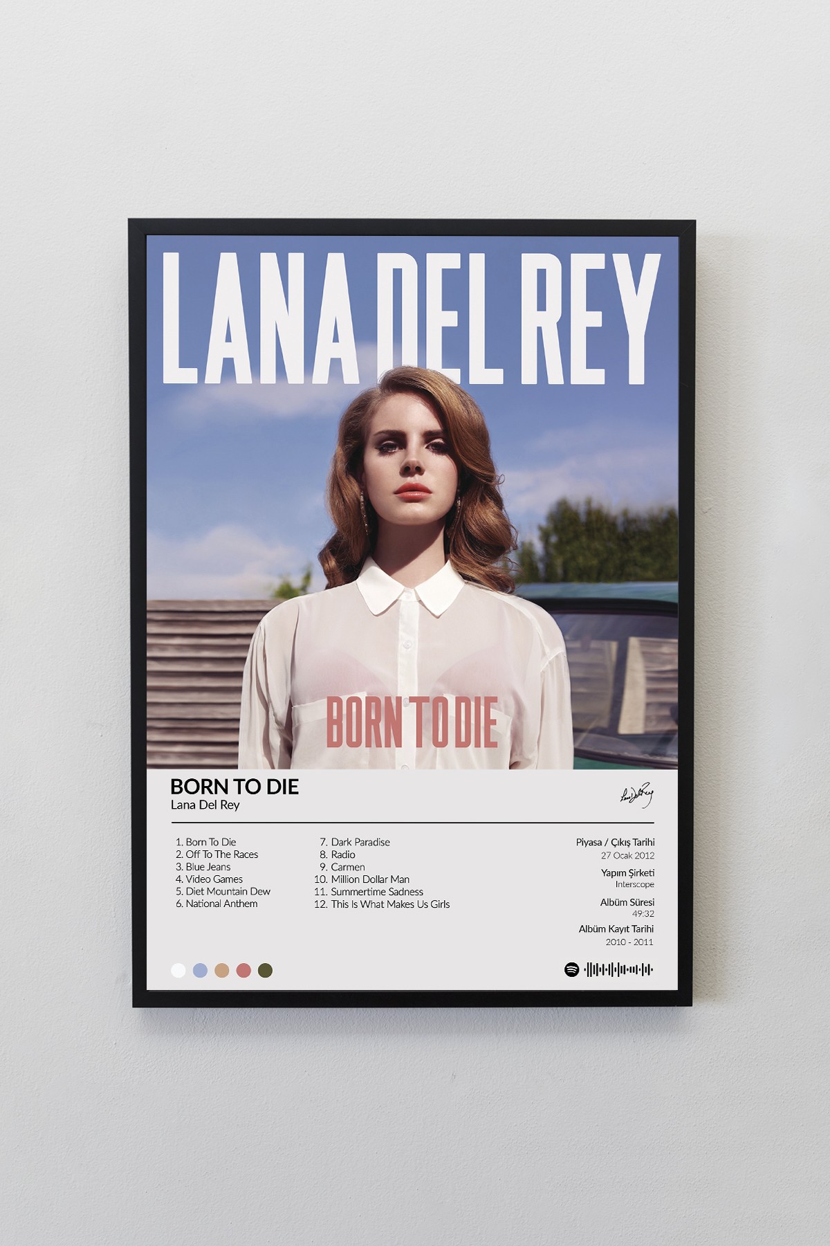 Lana Del Rey Born to Die Albümü Siyah Çerçeveli Spotify Barkodlu  Albüm Poster Tablo