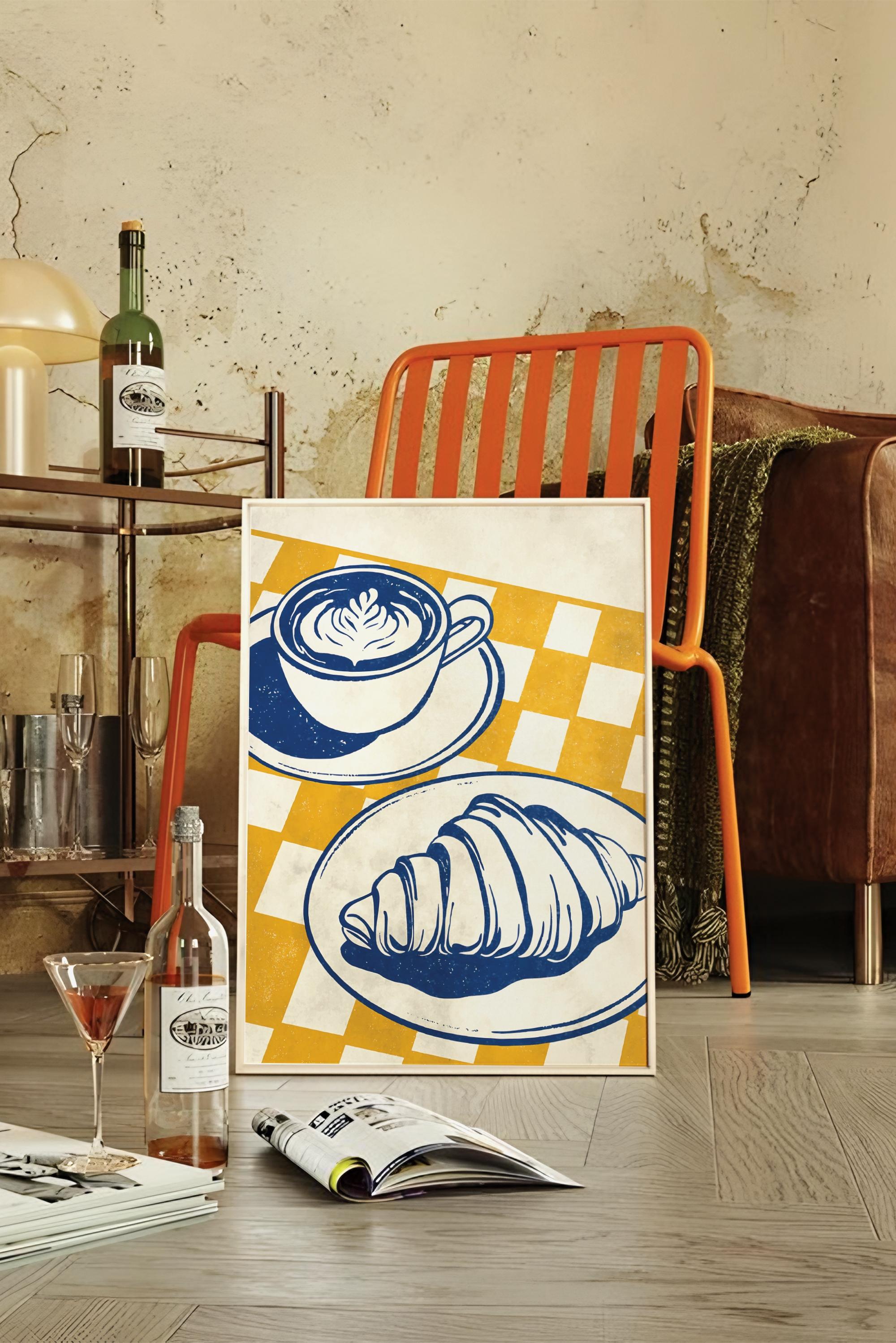 Kruvasan ve Kahve No:3 Sanatsal Çerçevesiz Tasarım Poster Dolce Vita Koleksiyonu