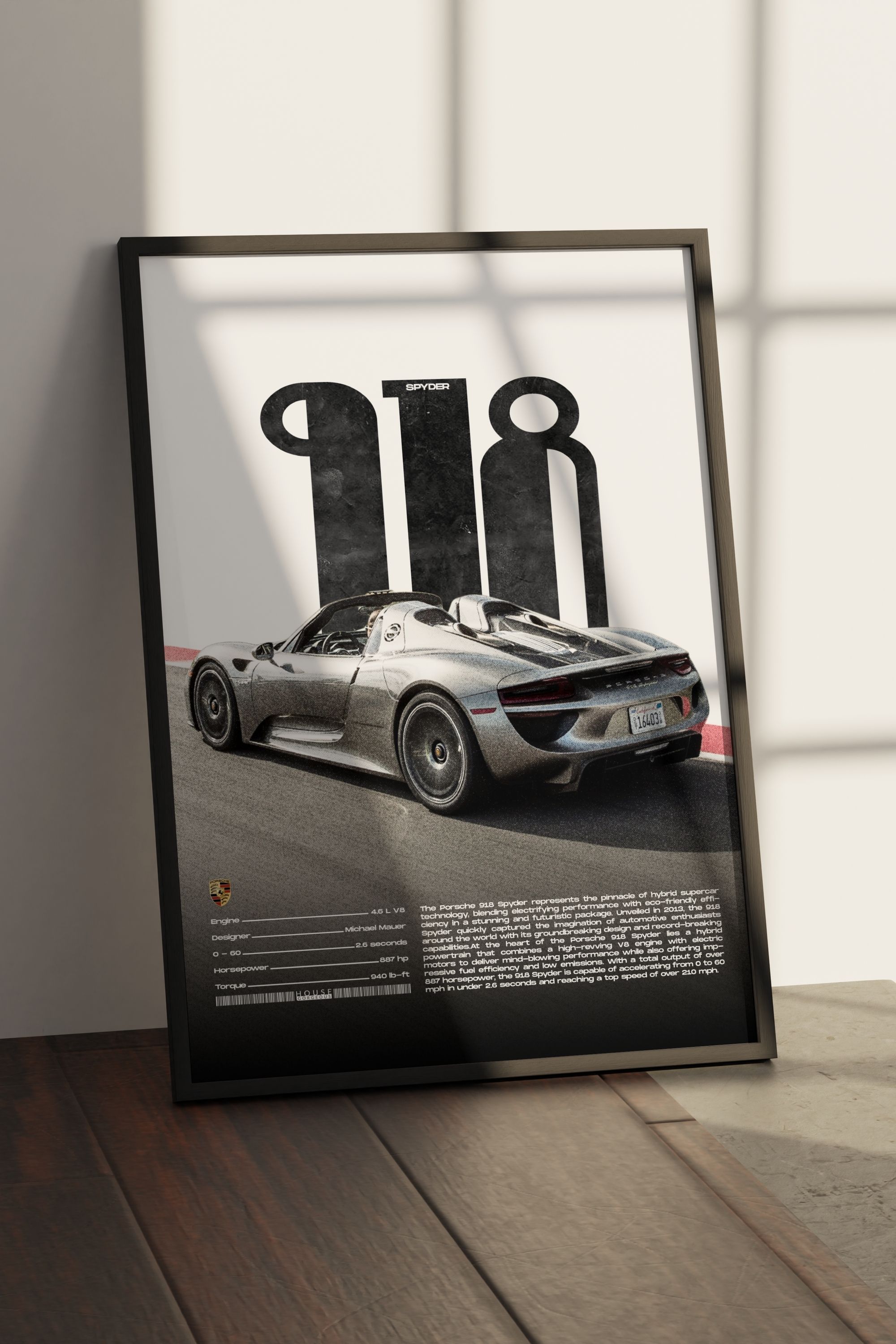 Porsche 918 Spyder Tasarımlı Çerçevesiz Poster | İkonik Otomobiller Koleksiyonu