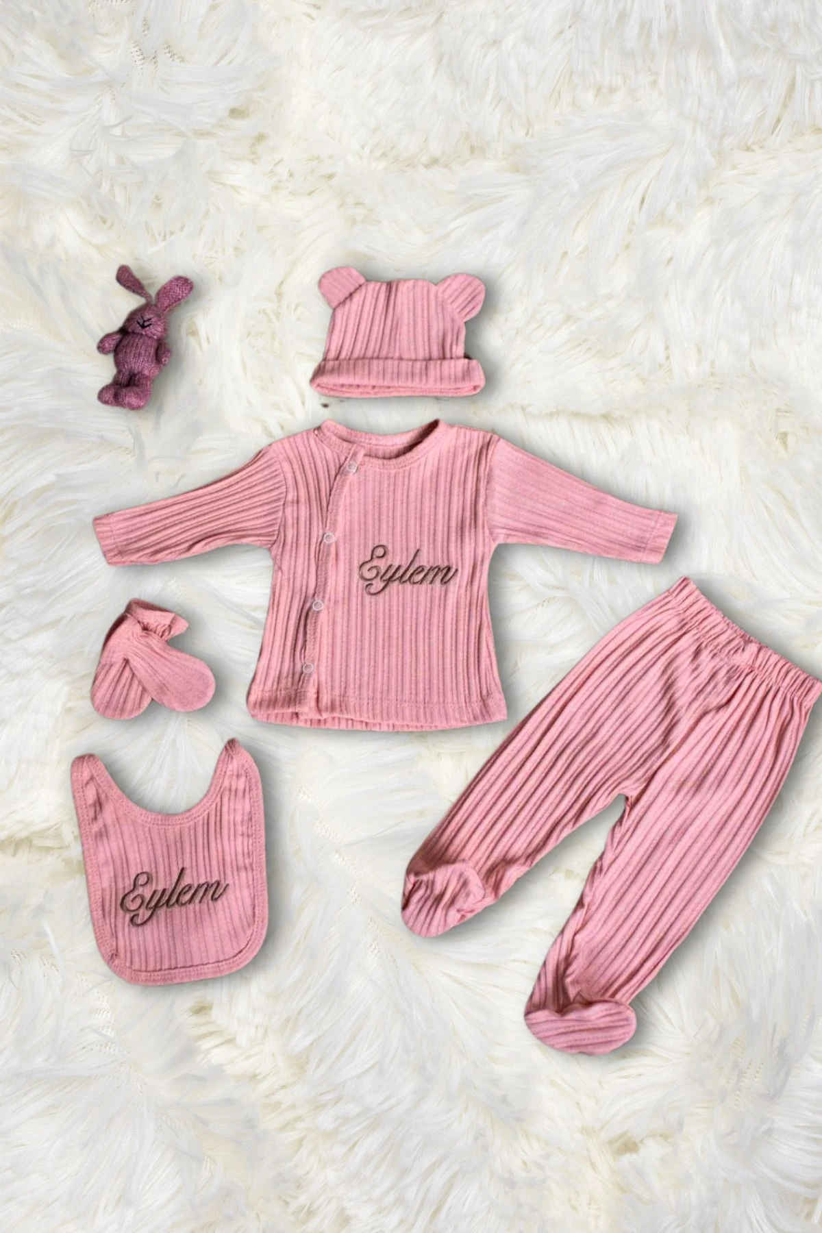 Istediğiniz Ismi Nakışla Yazıyoruz Zıbın Seti Yeni Doğan Hediyelik 5 Parça Toz Pembe0-3 Ay