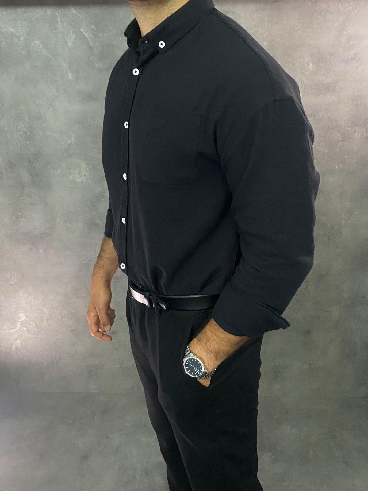 Linen Cotton Premium Siyah Keten Gömlek