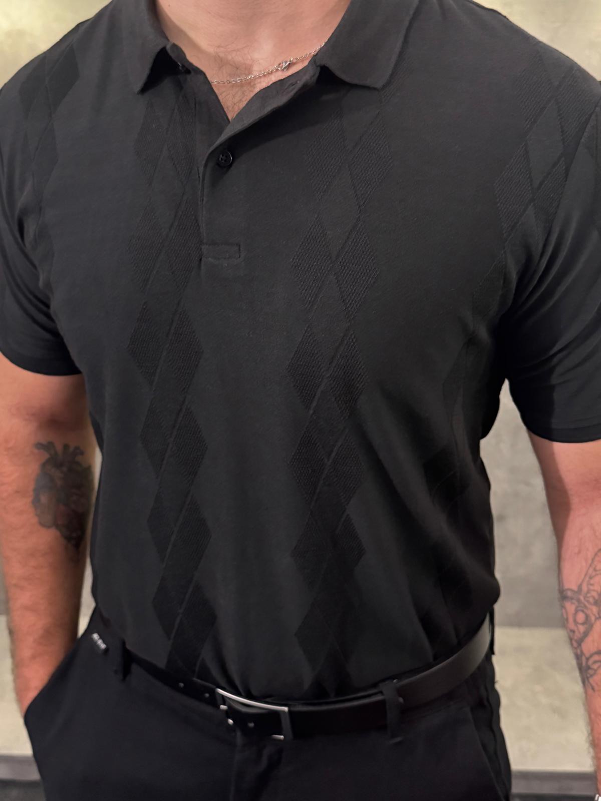 Noir Carreau Karo Desenli Polo Yaka
