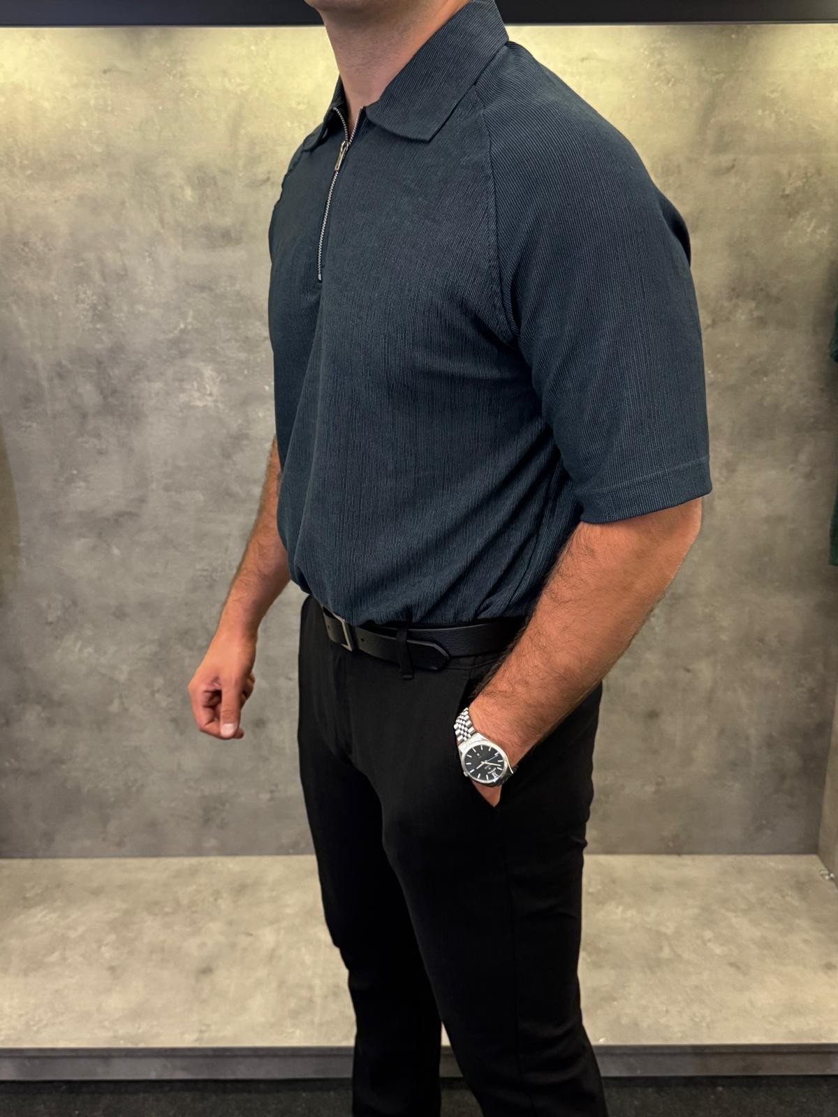 Half Zip Premium İndigo Polo Yaka