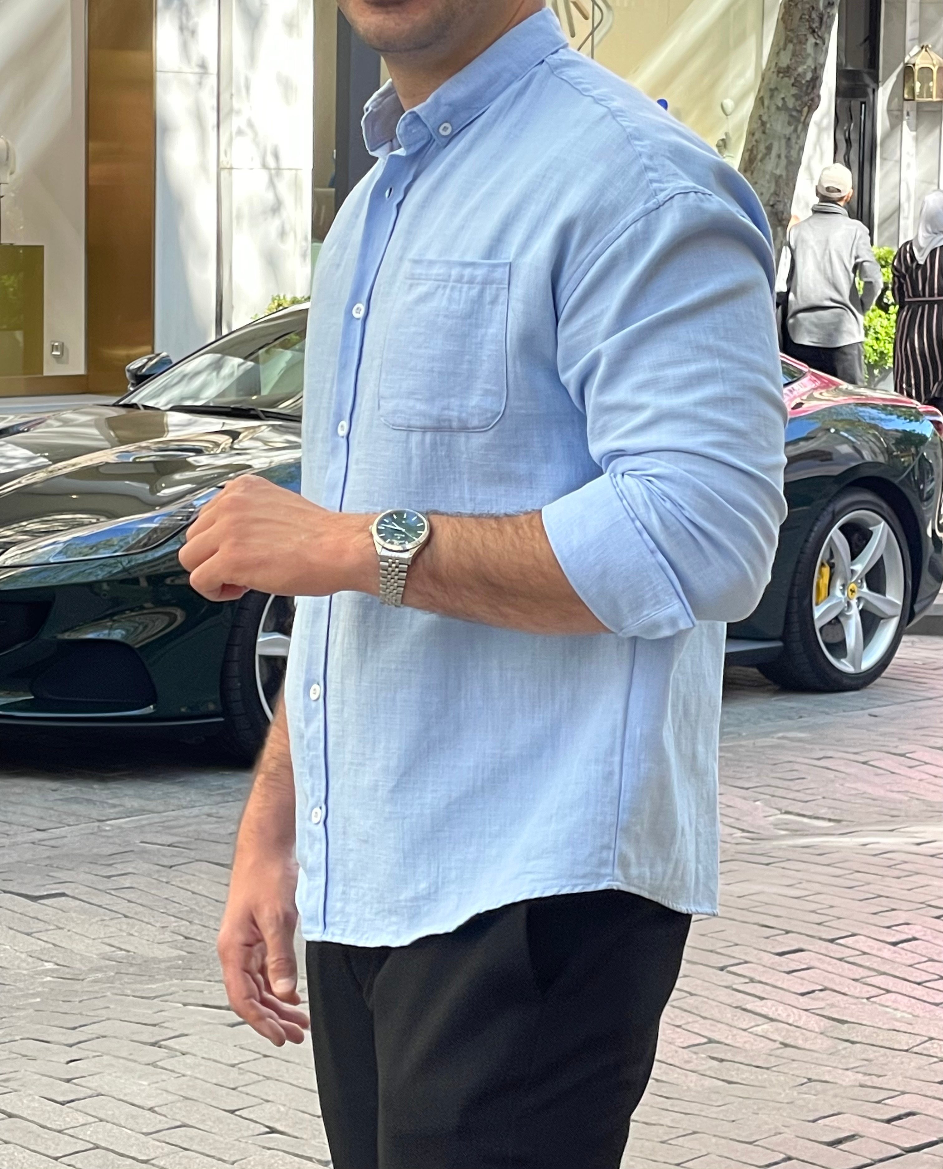 Cotton Linen Premium Half Classic Mavi Gömlek
