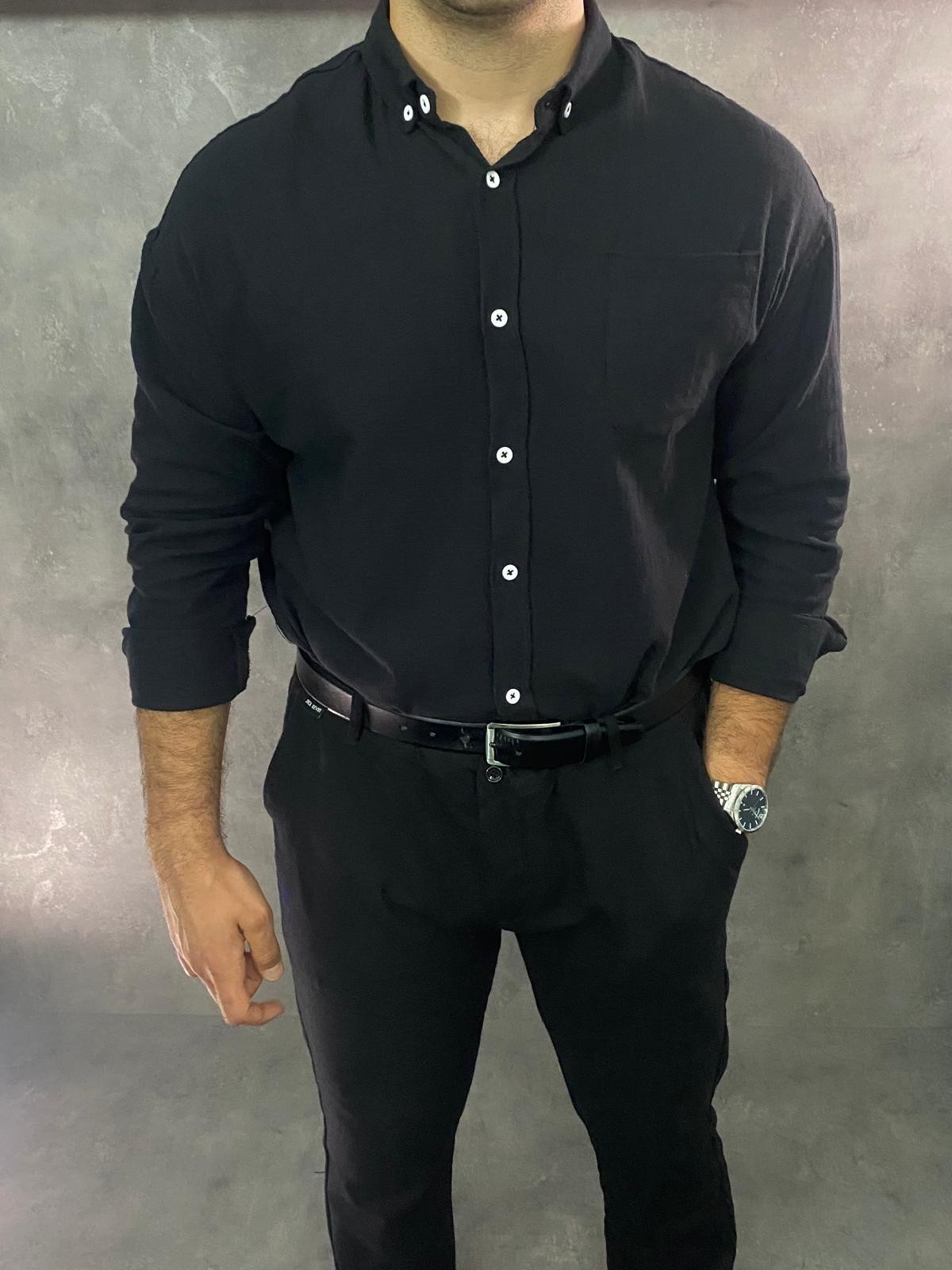 Linen Cotton Premium Siyah Keten Gömlek