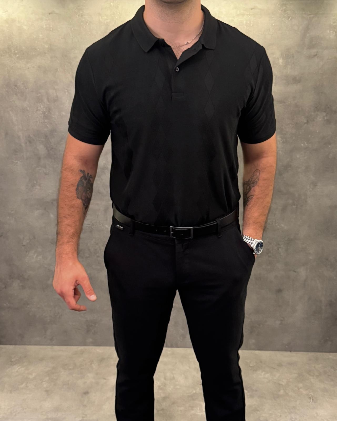 Noir Carreau Karo Desenli Polo Yaka