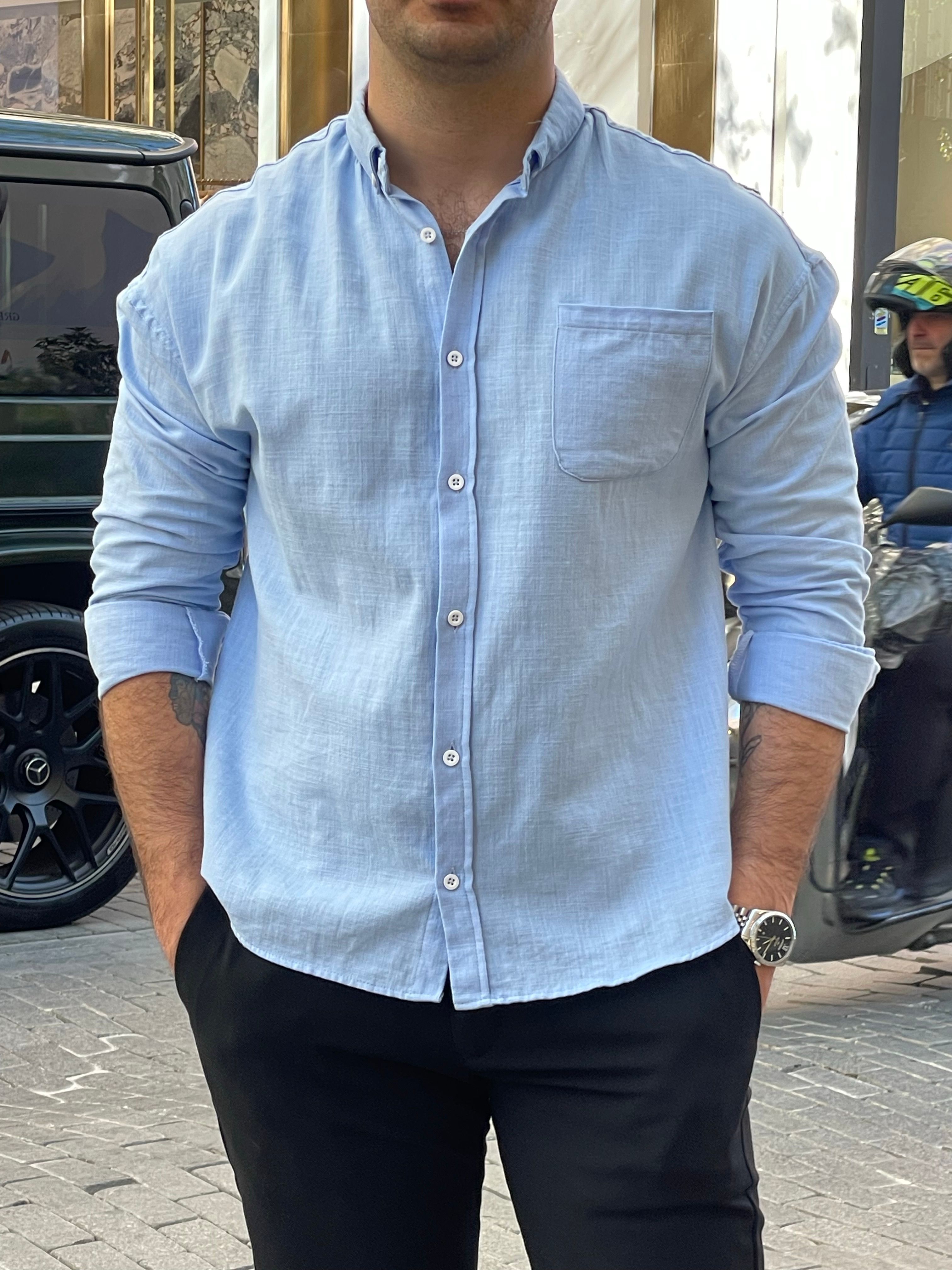 Cotton Linen Premium Half Classic Mavi Gömlek
