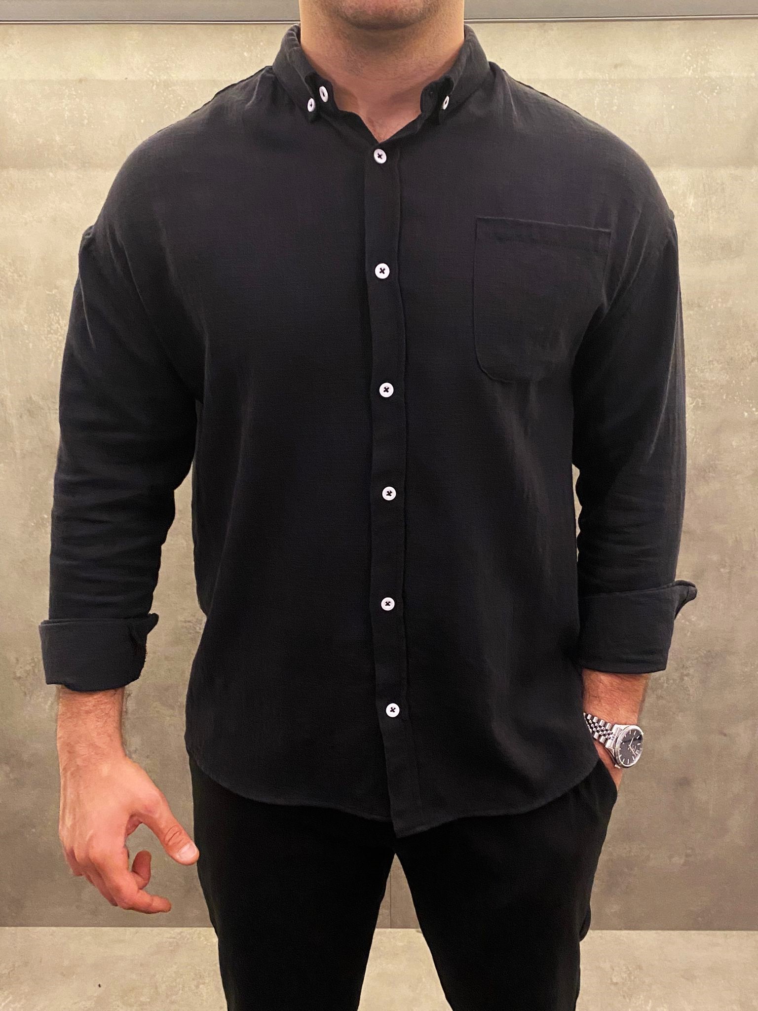 Linen Cotton Premium Siyah Keten Gömlek