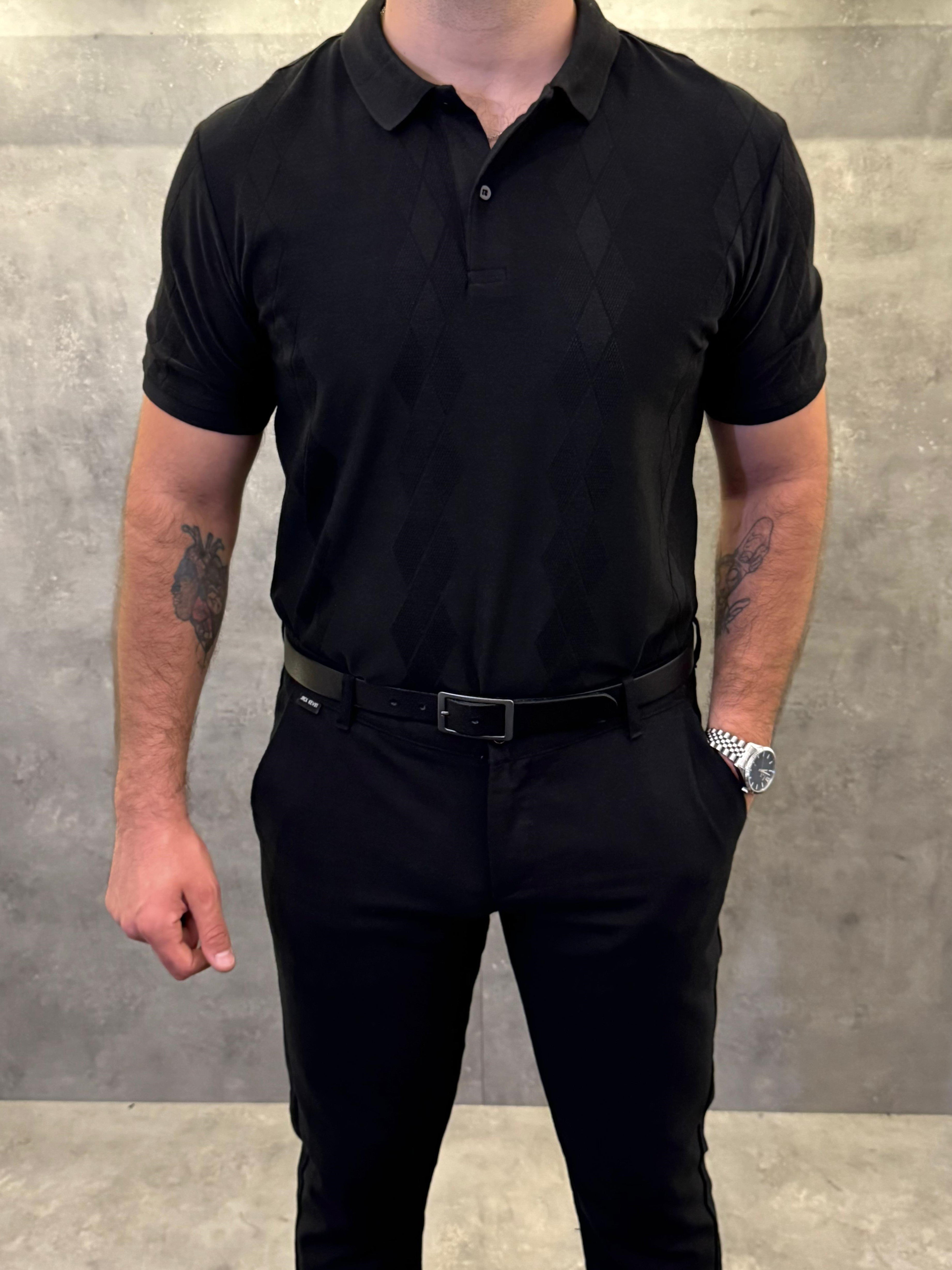 Noir Carreau Karo Desenli Polo Yaka