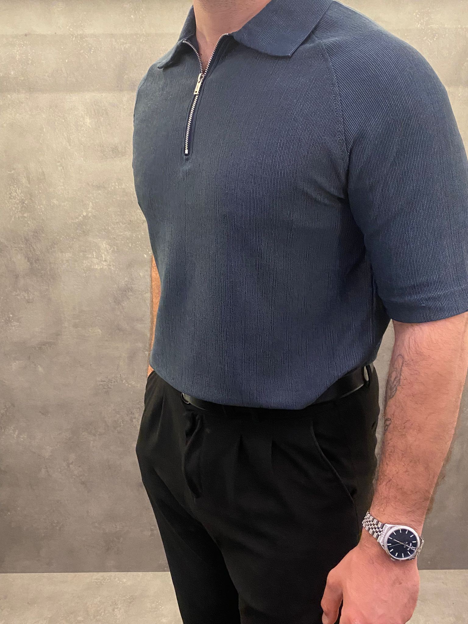 Half Zip Premium İndigo Polo Yaka