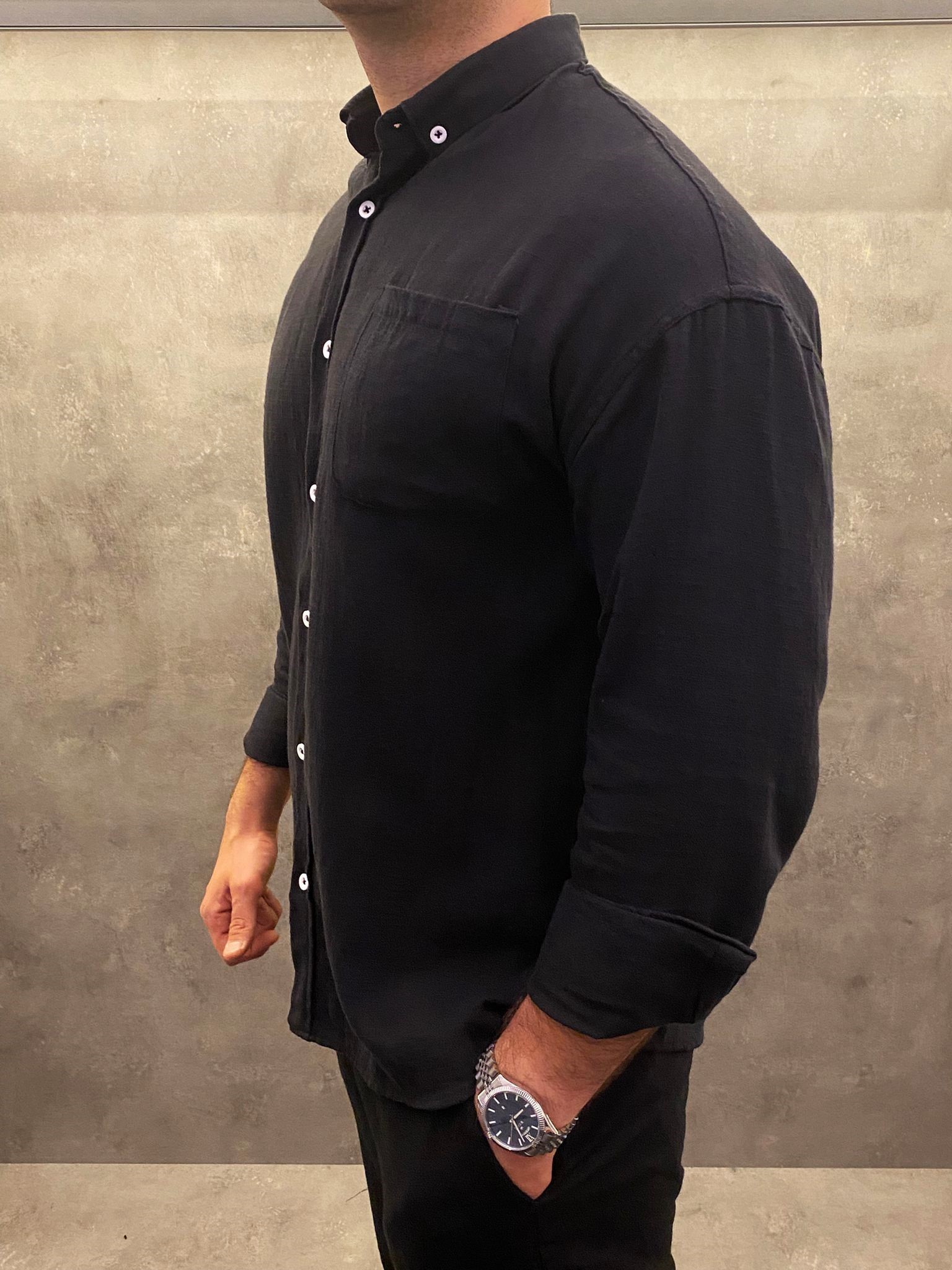 Linen Cotton Premium Siyah Keten Gömlek