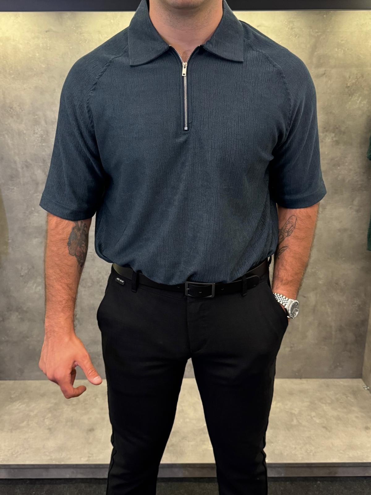 Half Zip Premium İndigo Polo Yaka