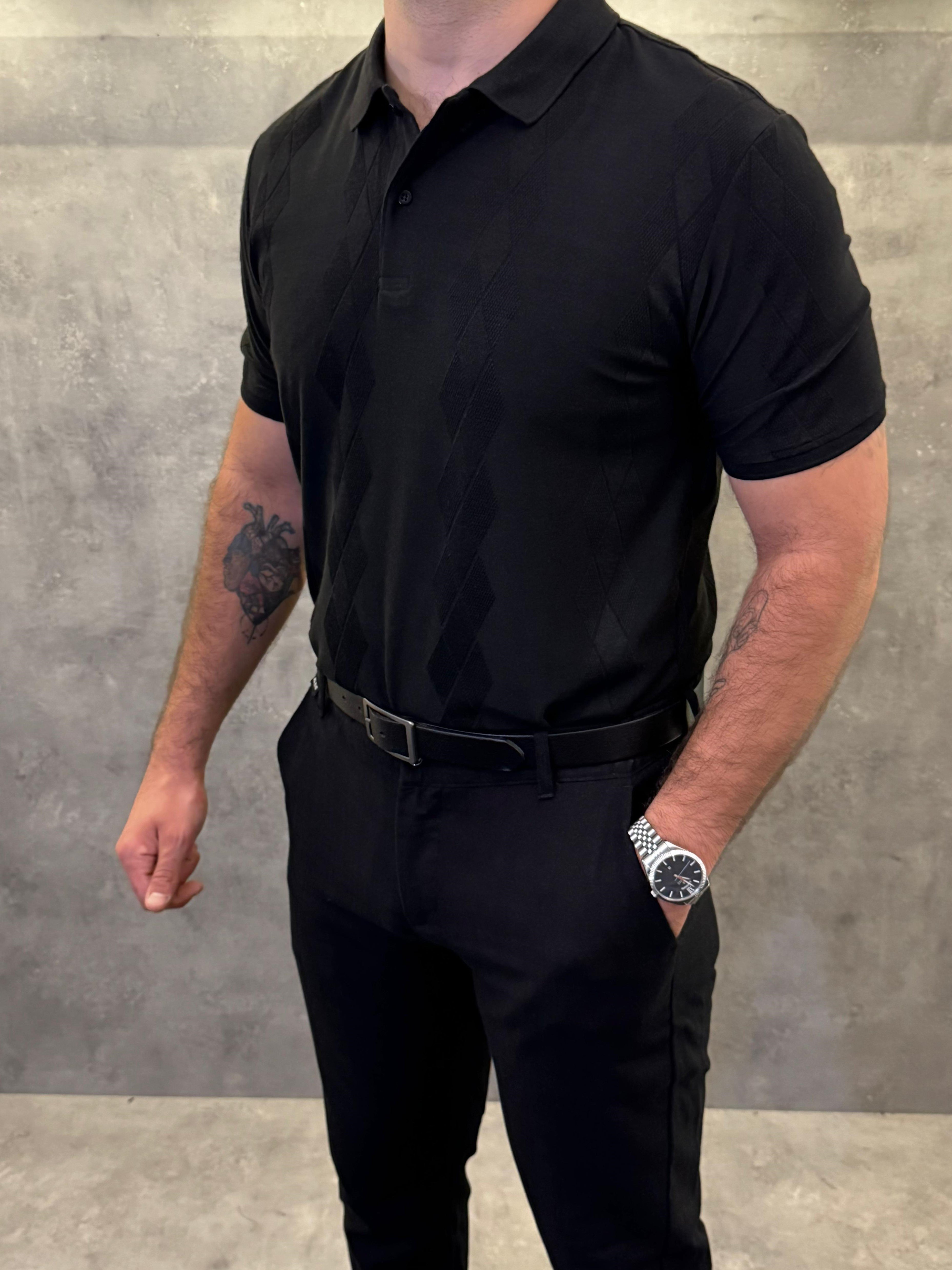 Noir Carreau Karo Desenli Polo Yaka